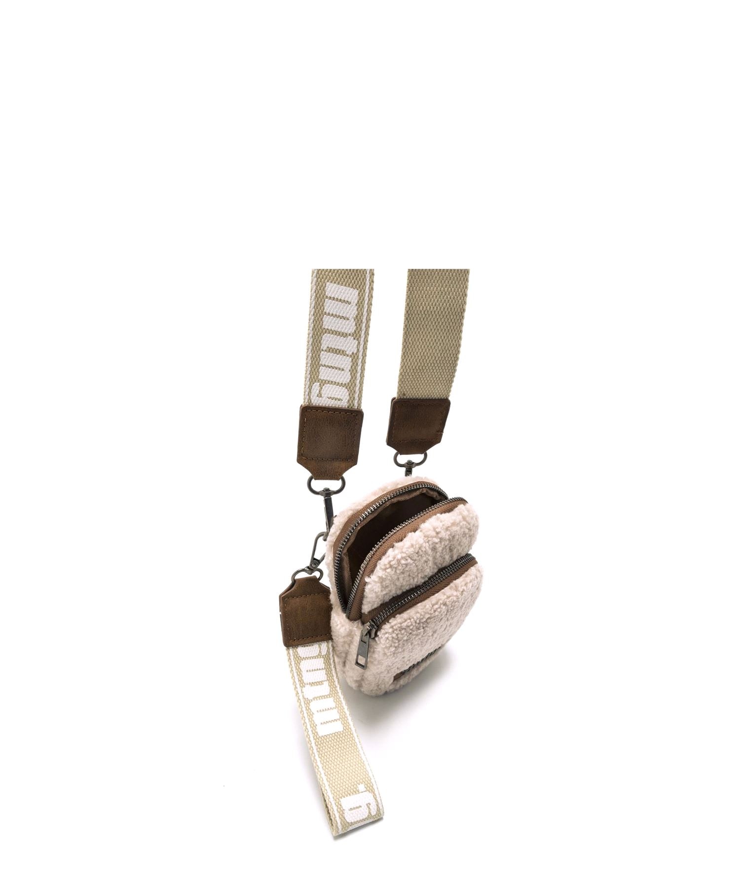 Saco de telemóvel feminino em pele de ovelha bege com detalhes castanhos Natural-5