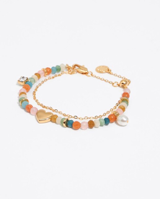 Imagen 0 de Pulsera doble de cadena dorada y piedras multicolores con corazón dorado