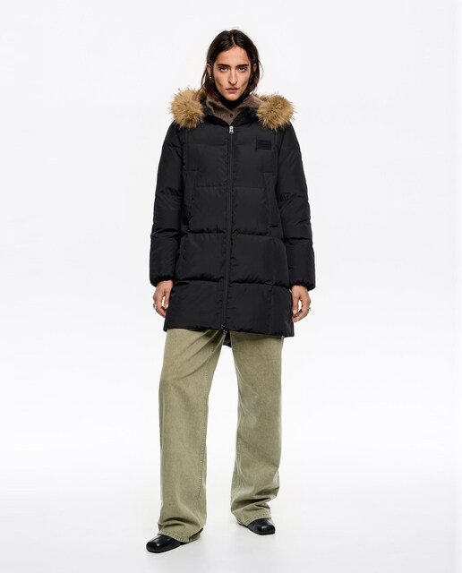 Plumífero de mujer de plumón recto capucha pelo