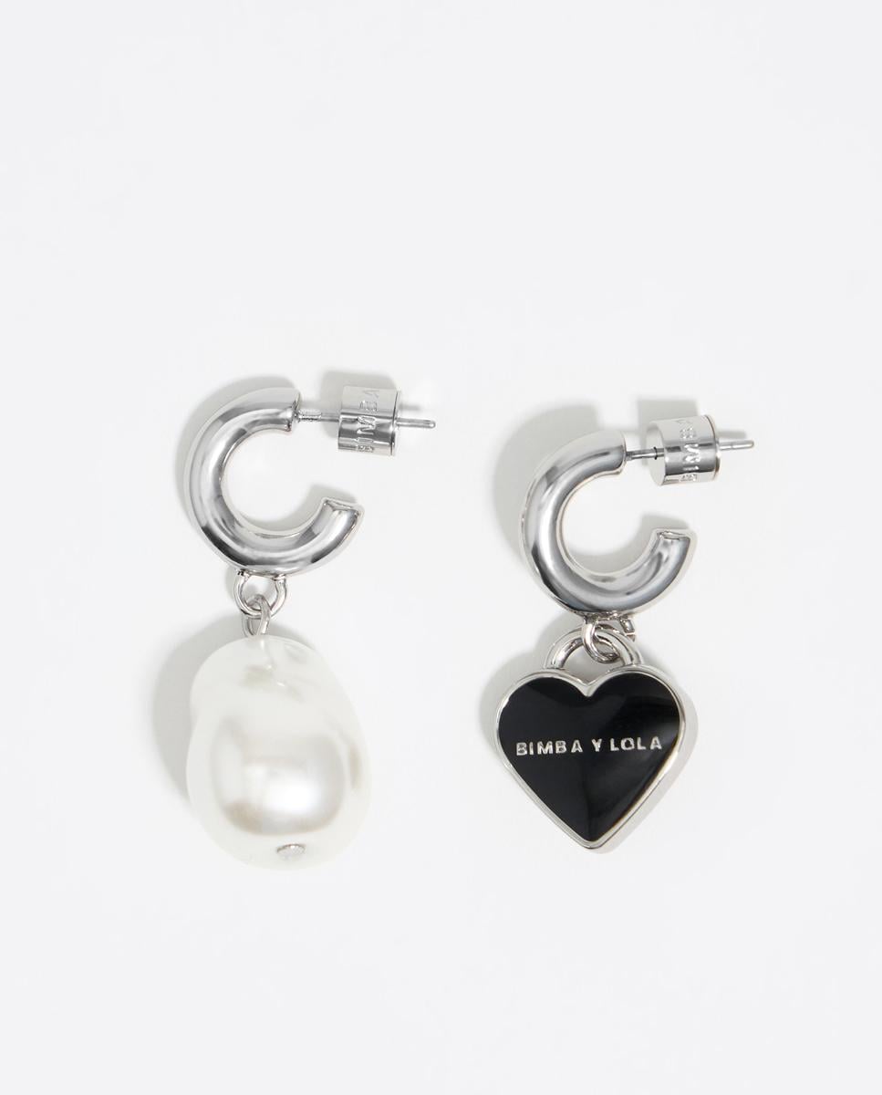 Pendientes aro corazón y perla plateado Plata-1