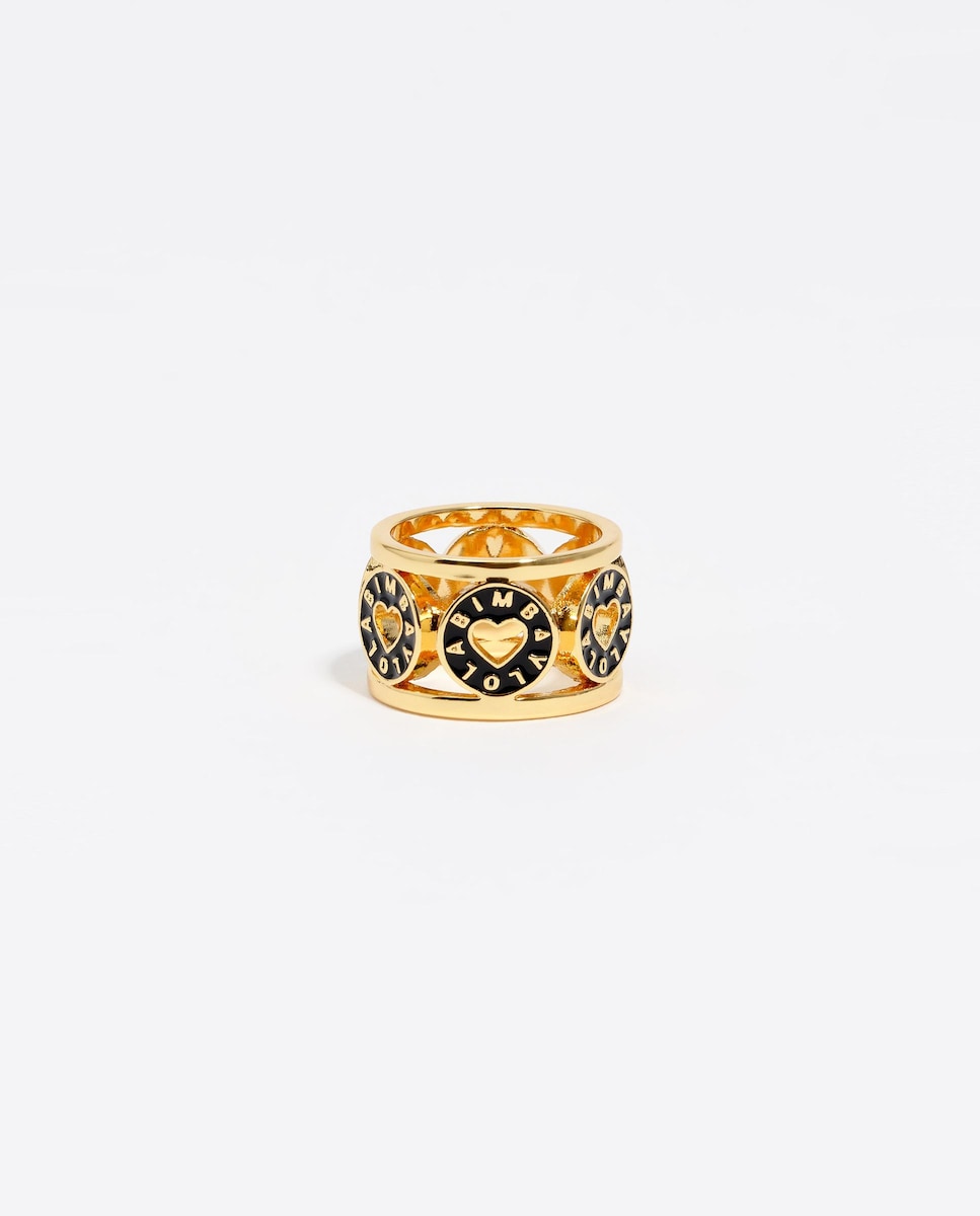 Anillo de metal dorado con logo corazón negro Negro-2