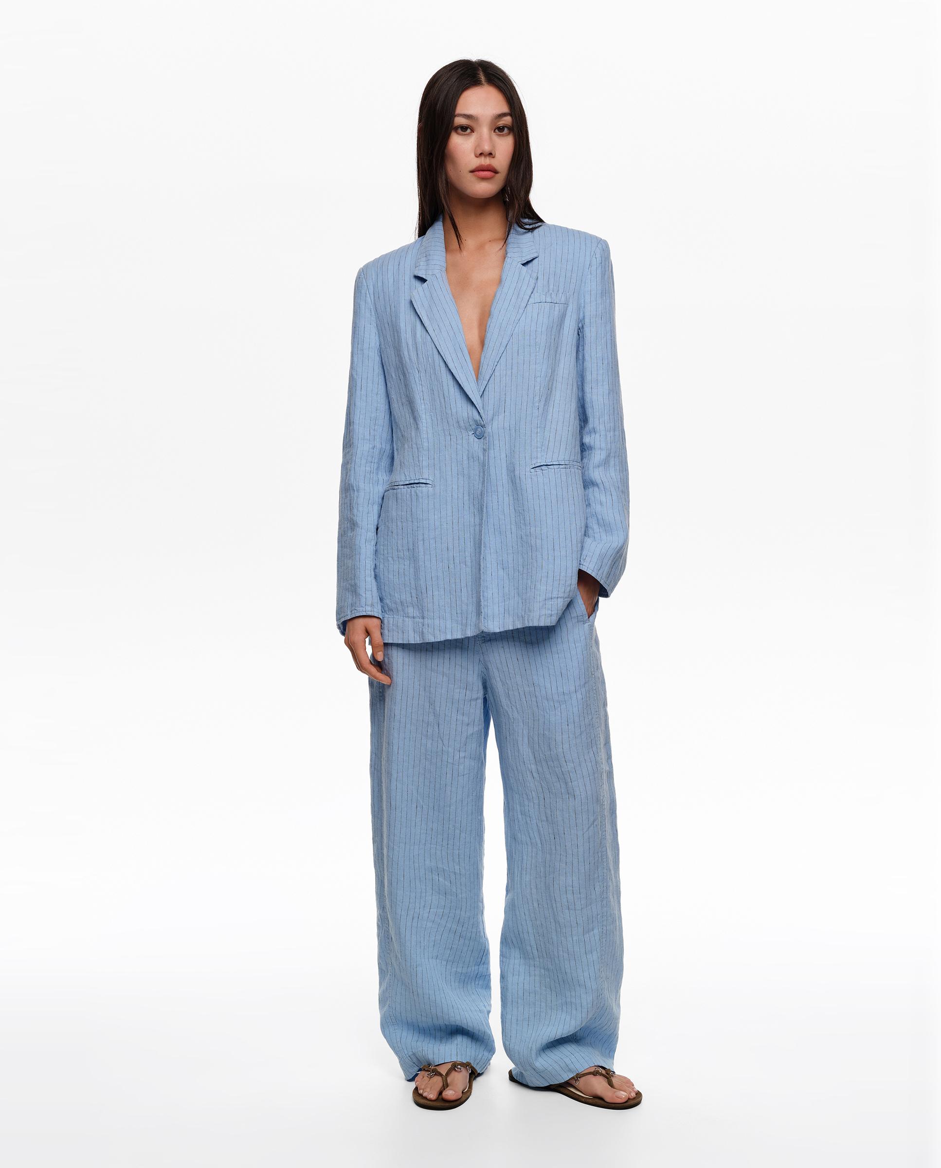Bimba y Lola - Pantalones anchos de mujer barrel lino lavado rayas.