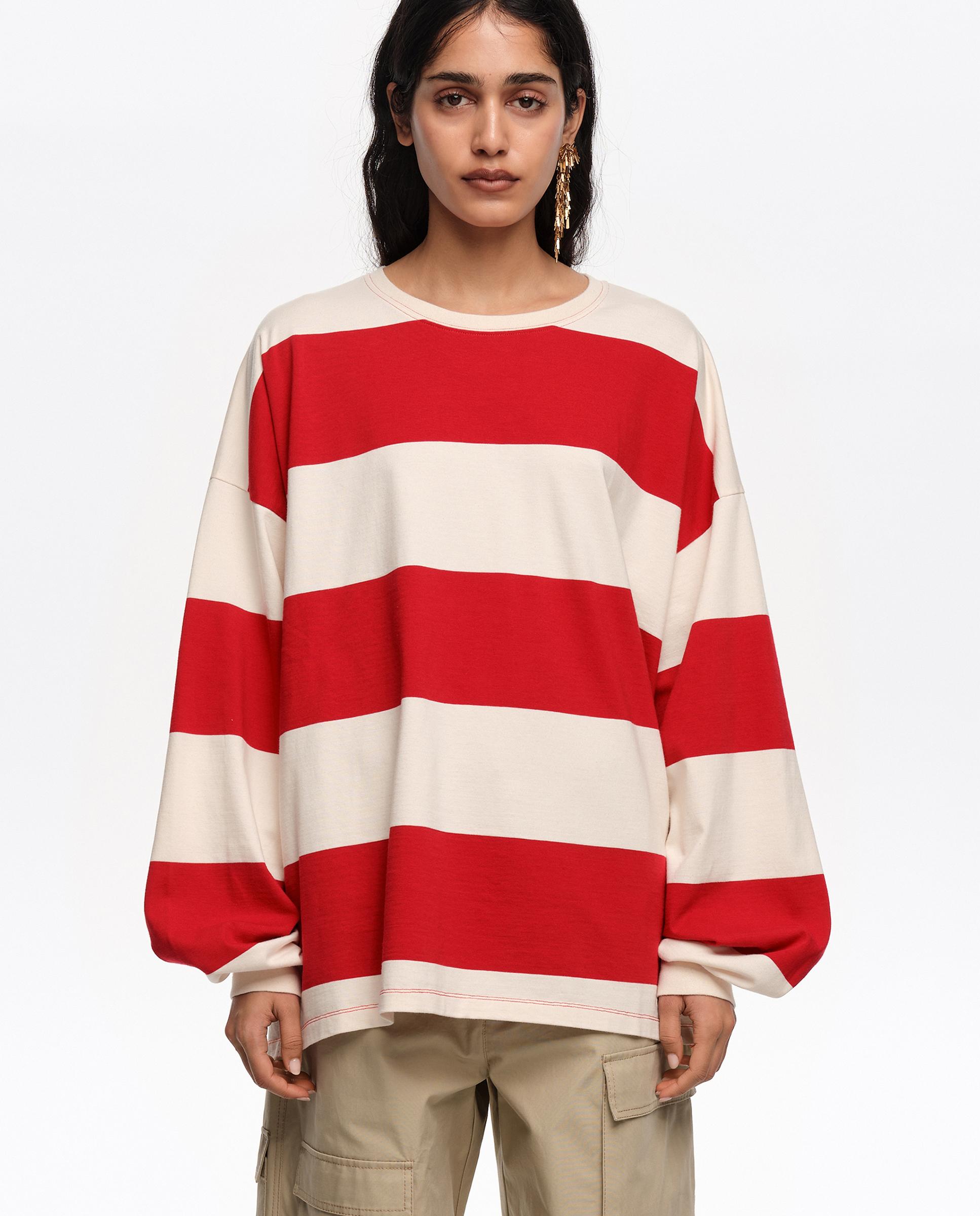 Imagen 0 de Camiseta de mujer oversize rayas Rojo