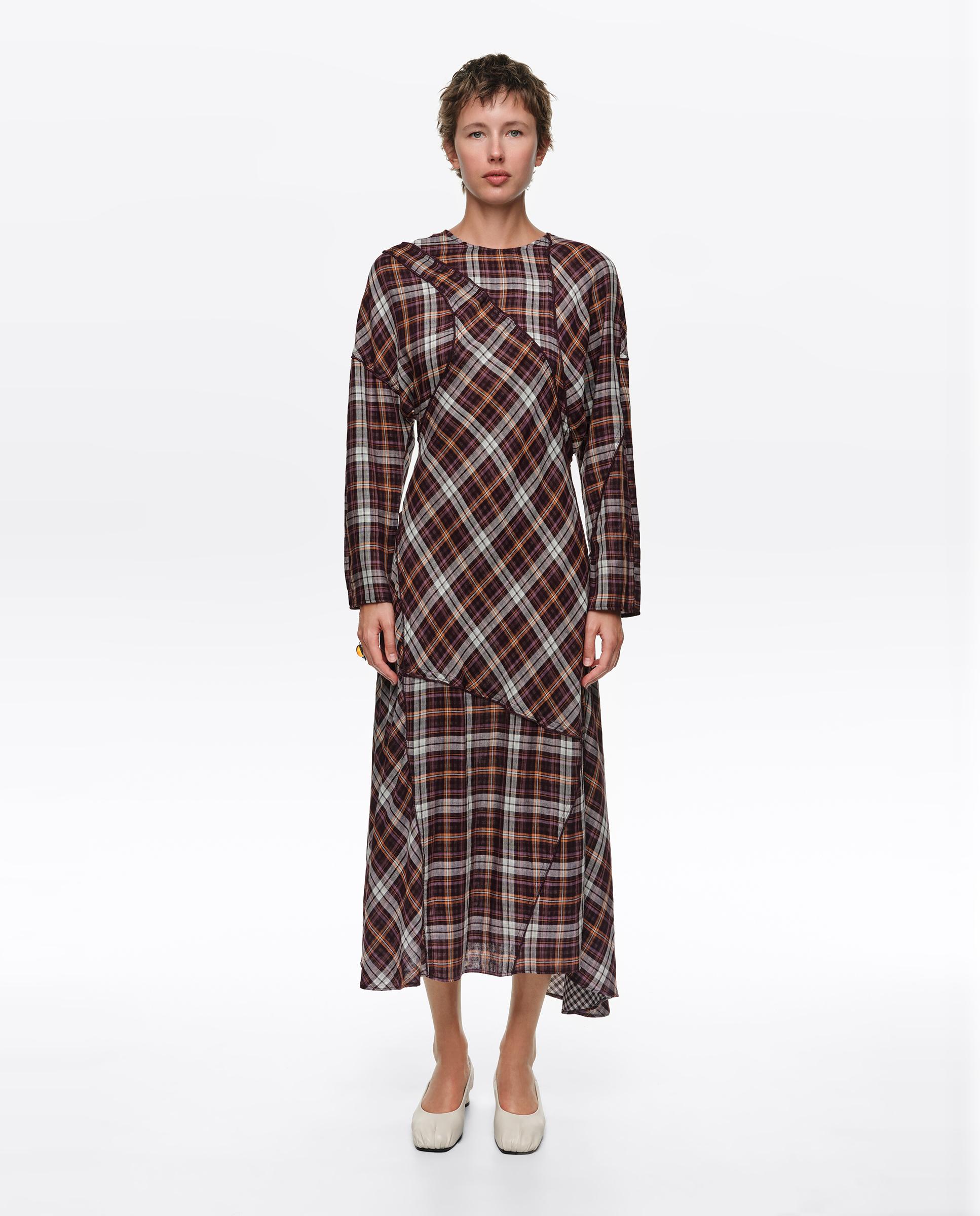 Imagen 0 de Vestido patchwork mangas murciélago cuadros Burdeos