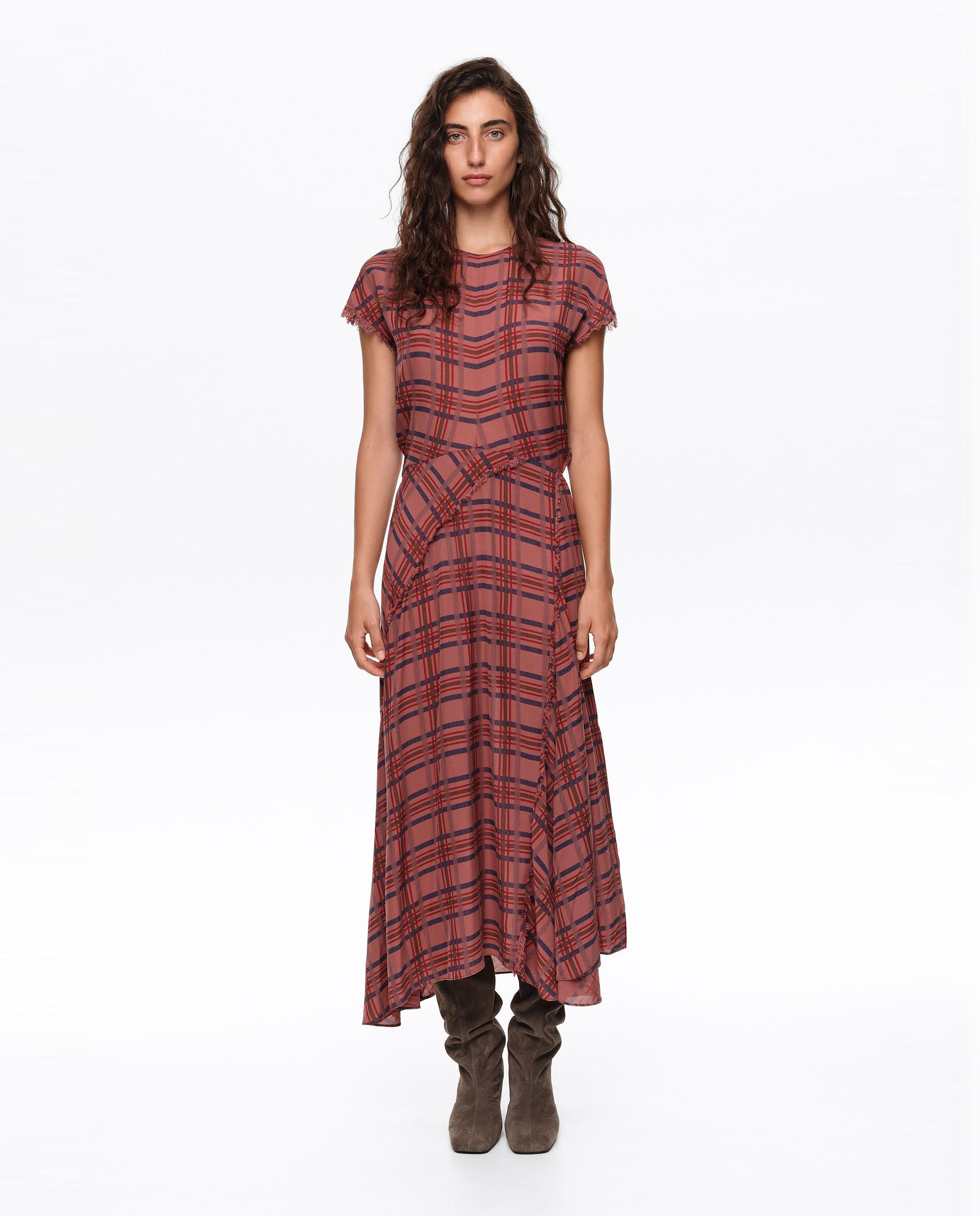 Imagen 0 de Vestido fluido con vuelo cuadros Granate