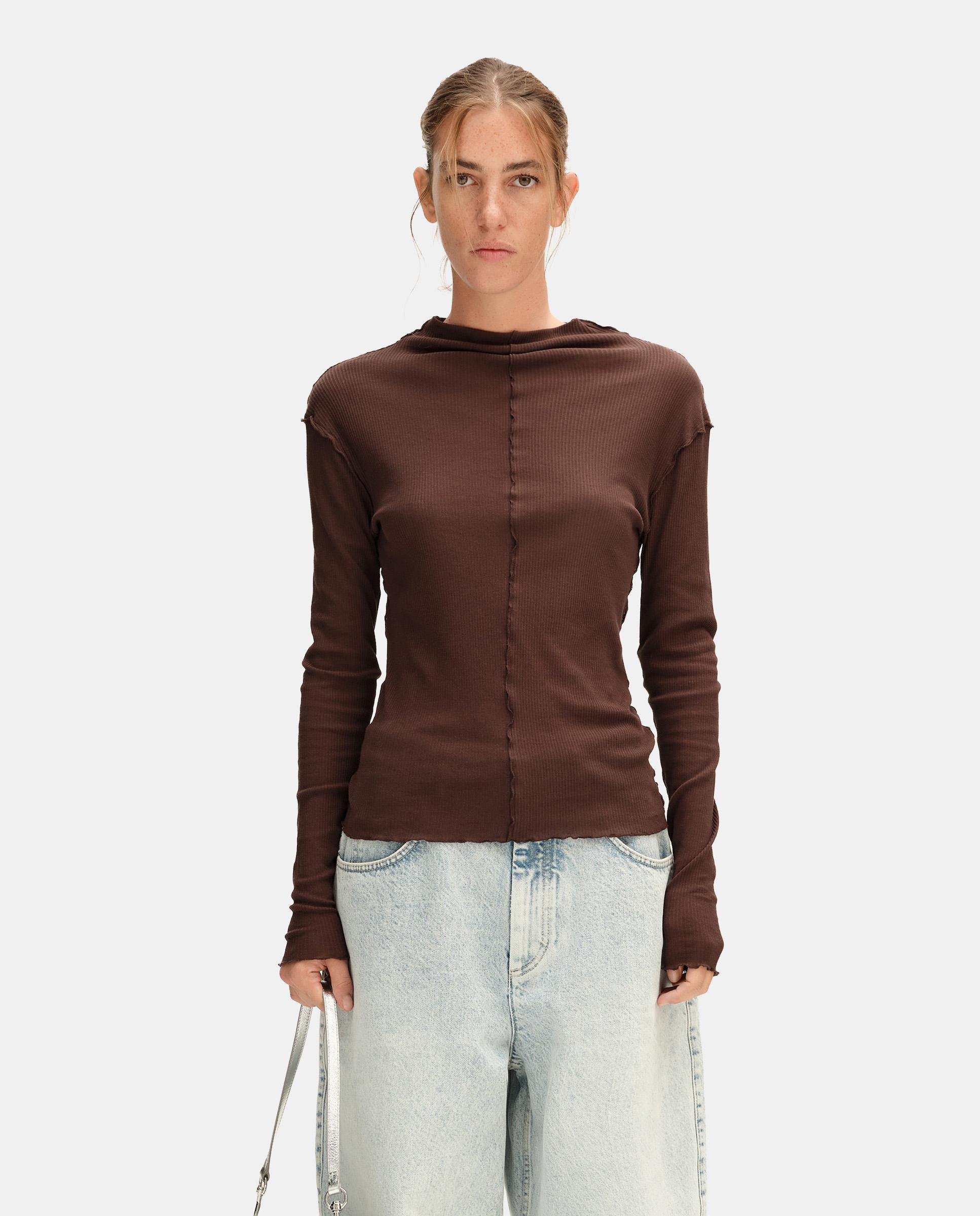 Camiseta de mujer canalé ajustada - Bimba y Lola - Marrón chocolate Marrón chocolate-1