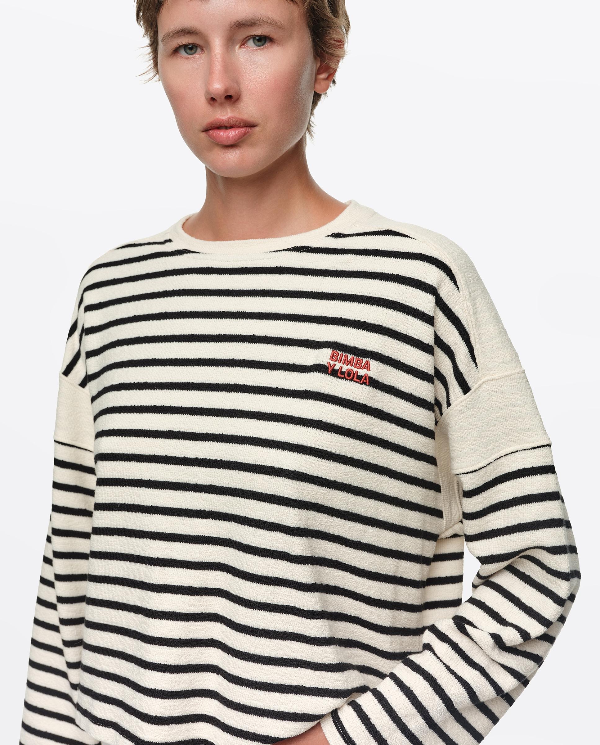 Camiseta de mujer manga larga algodón rizado rayas - Bimba y Lola - Marfil Marfil-2