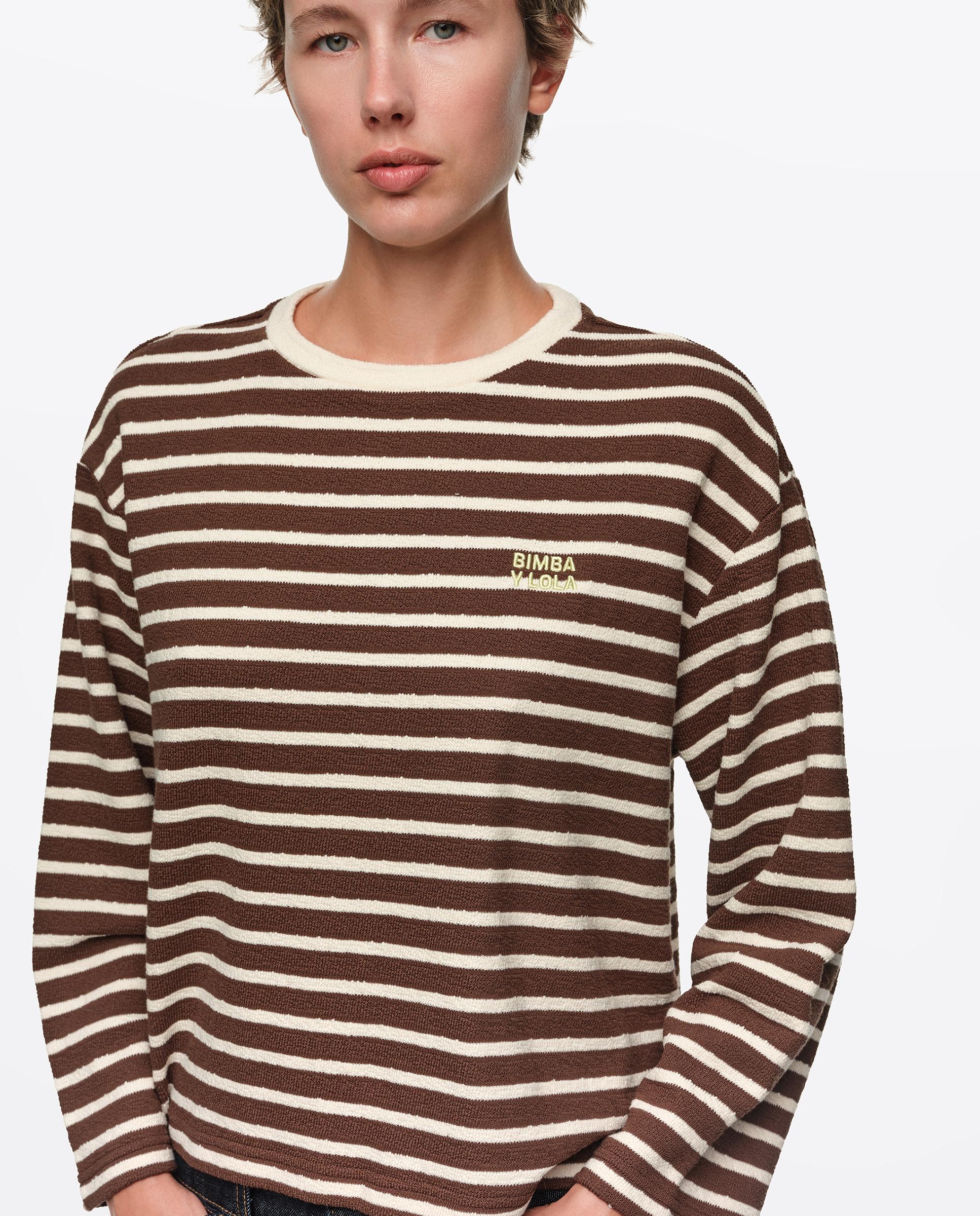 Camiseta de mujer manga larga algodón rizado rayas - Bimba y Lola - Marrón Marrón-2