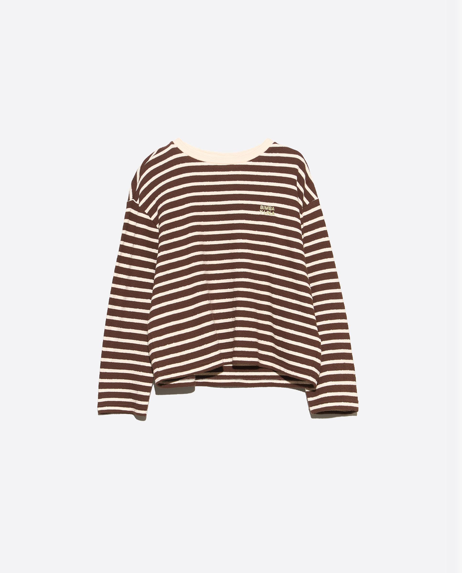 Camiseta de mujer manga larga algodón rizado rayas - Bimba y Lola - Marrón Marrón-6