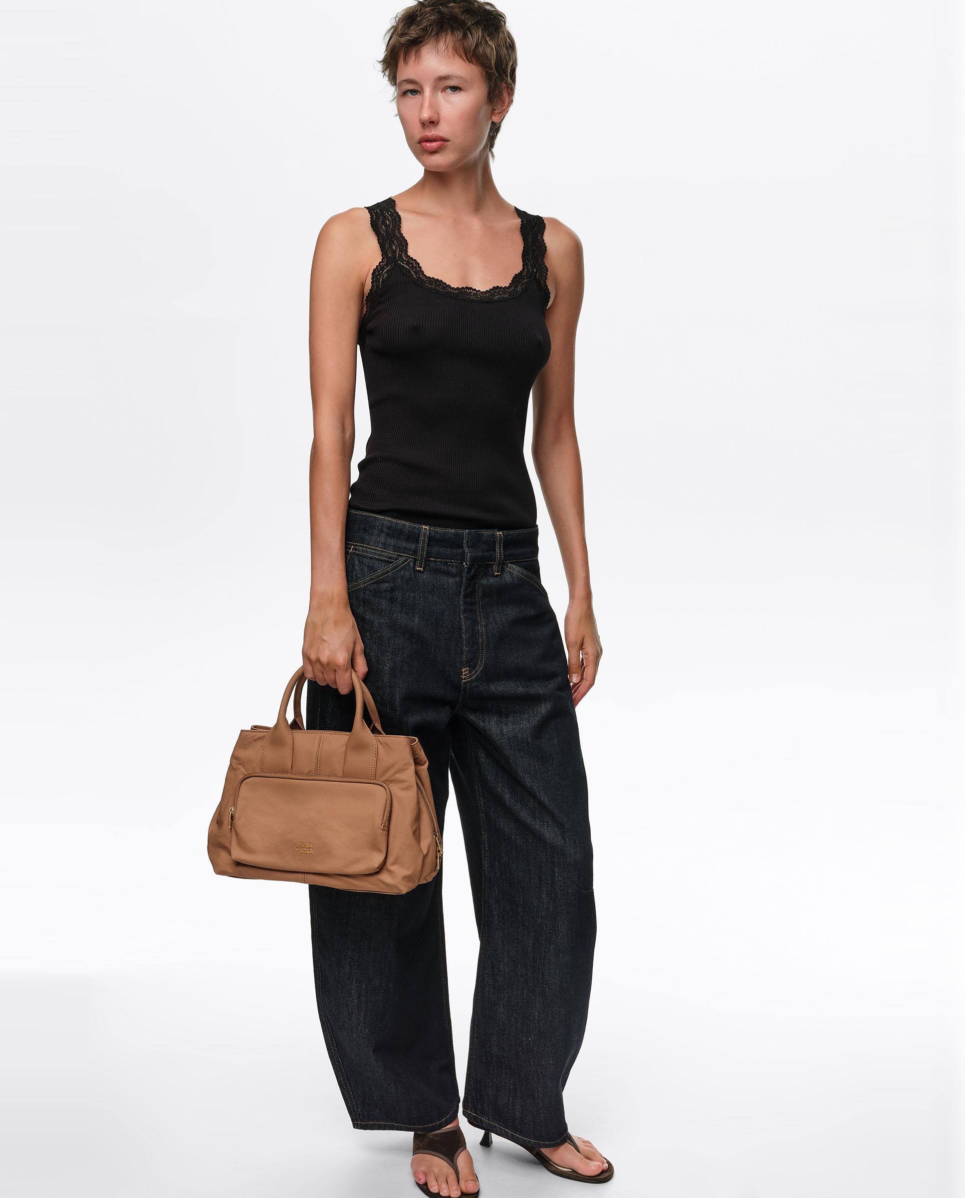 Bolso de mano grande de algodón con acabados metálicos - Bimba y Lola - Marrón Marrón-4