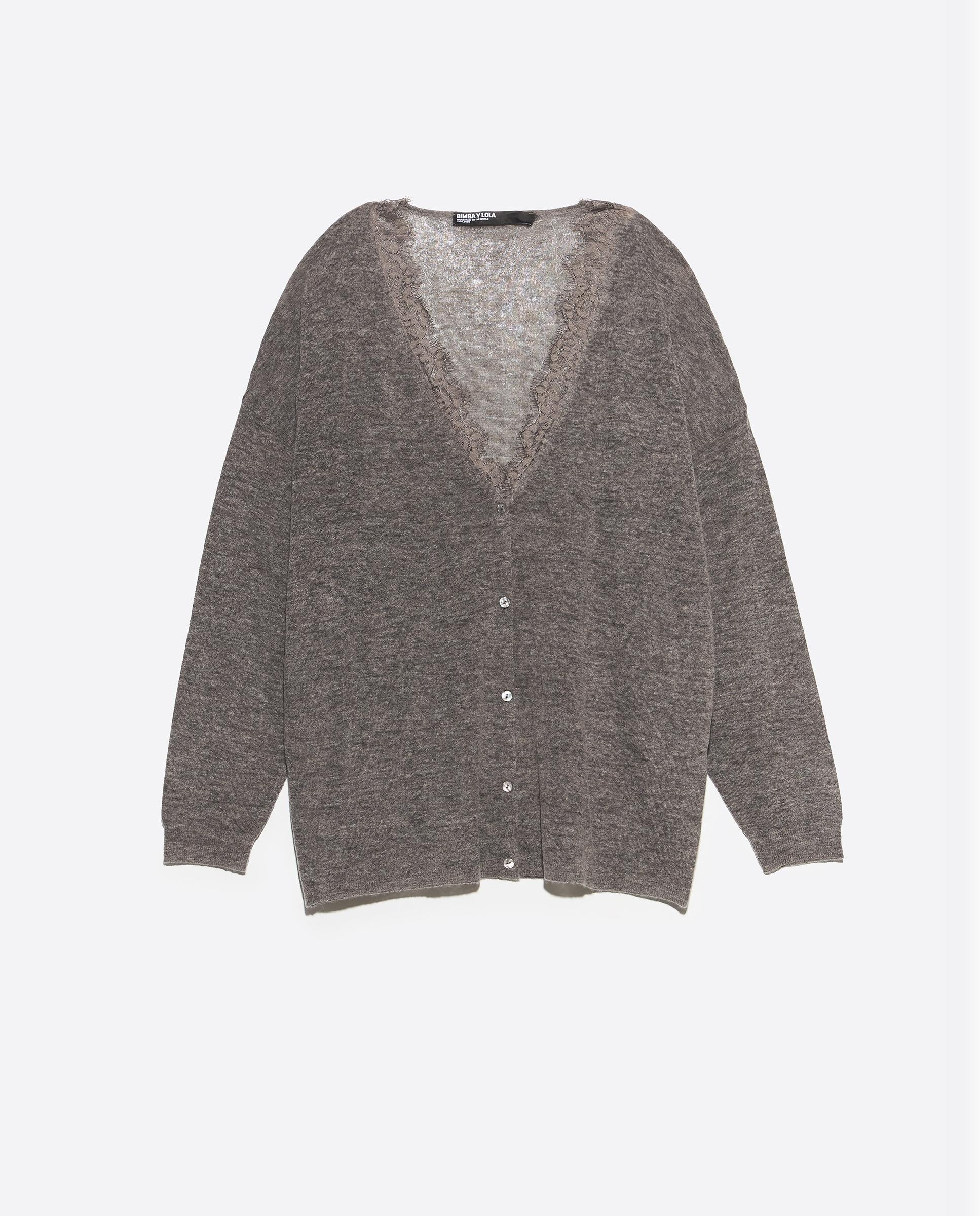 Cárdigan de mujer largo lana encajes - Bimba y Lola - Gris Gris-6