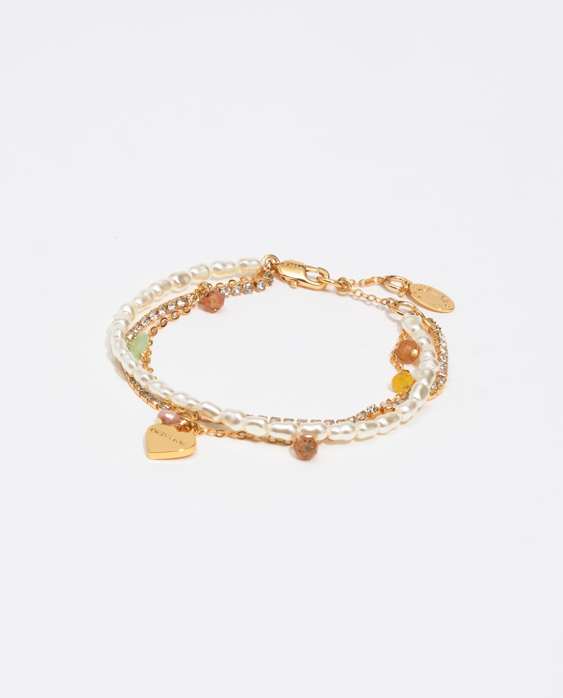 Imagen 0 de Pulsera de cadena triple cristales, perlas y piedras corazón logo Dorado