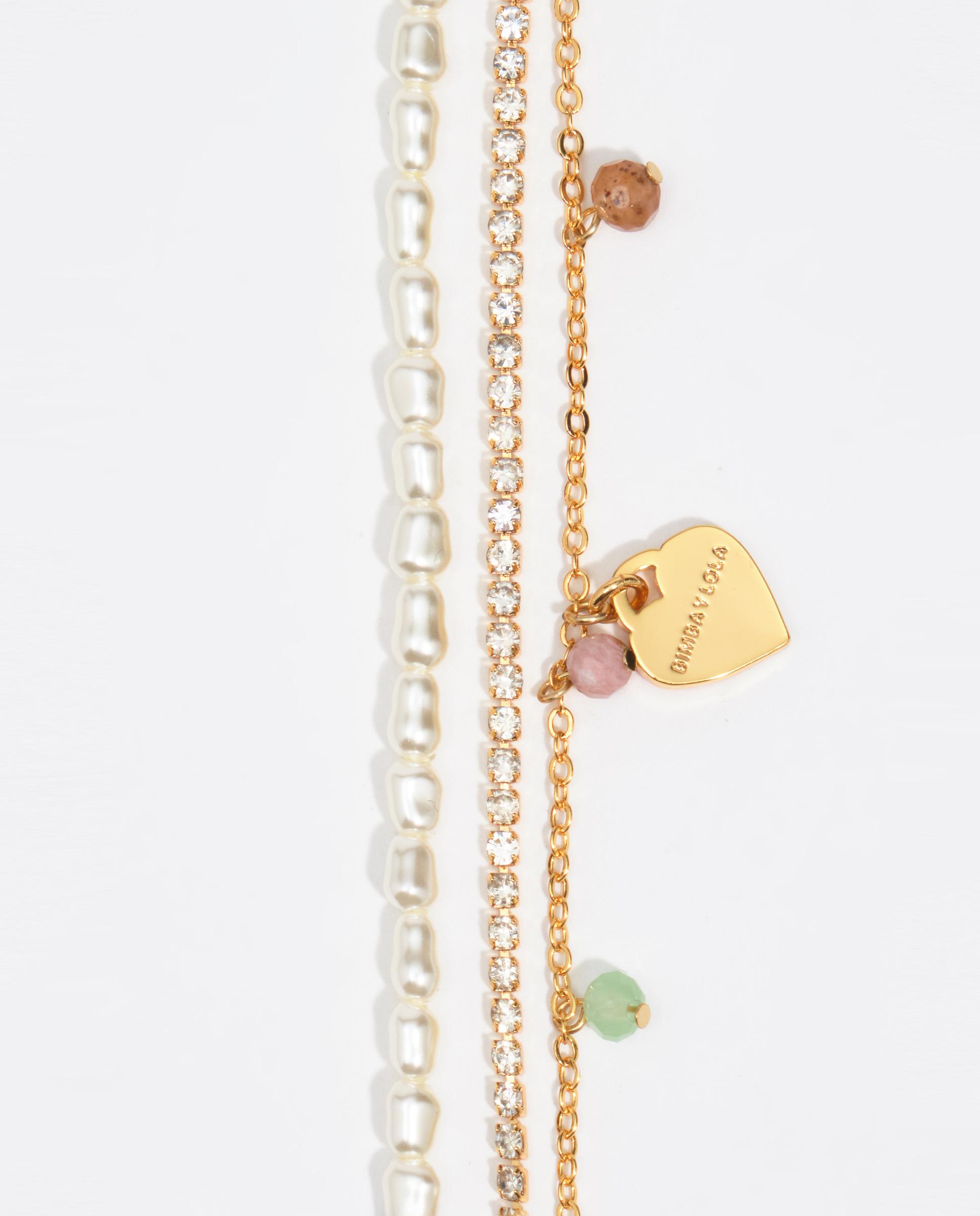 Pulsera de cadena triple cristales, perlas y piedras corazón logo - Bimba y Lola - Dorado Dorado-2