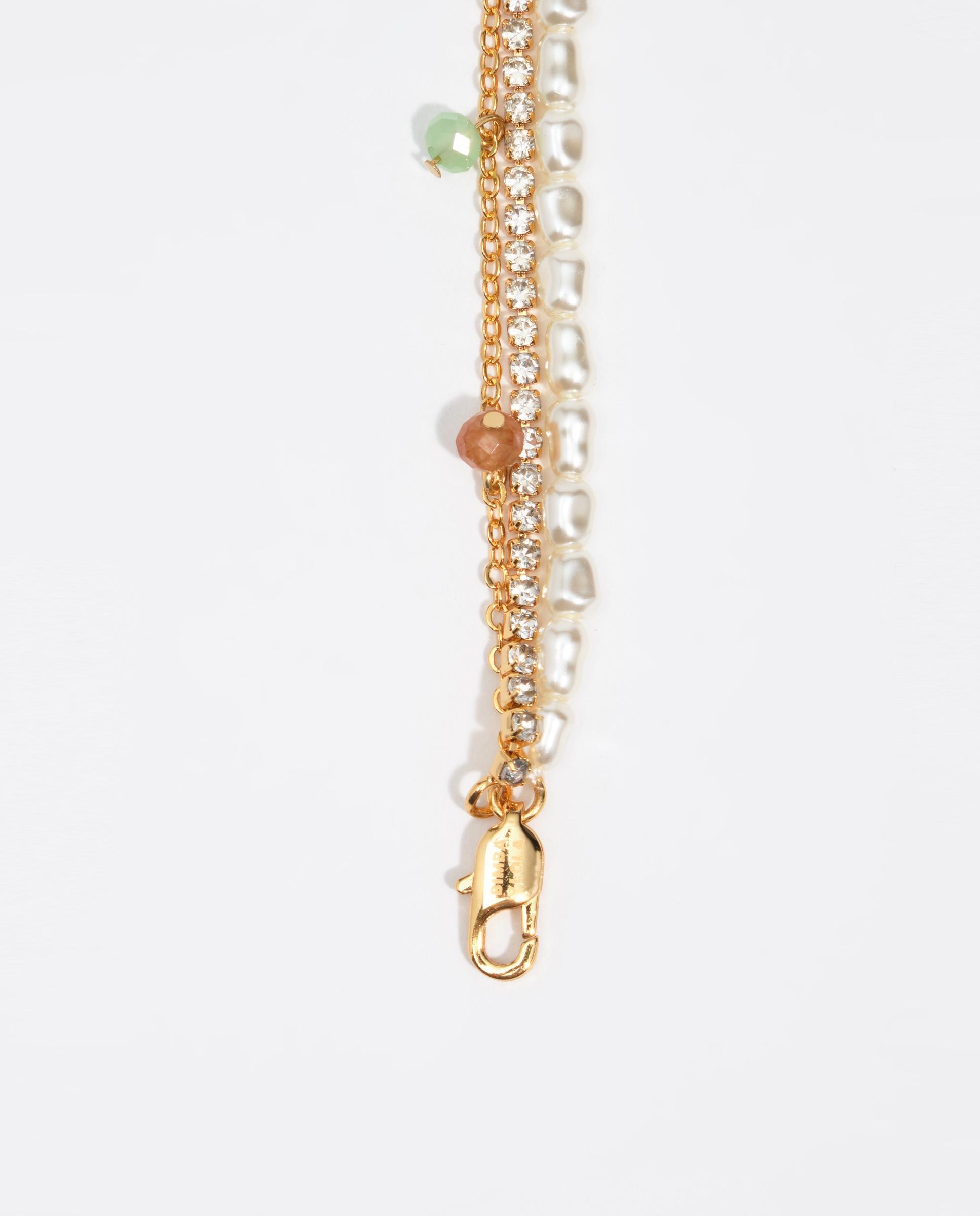 Pulsera de cadena triple cristales, perlas y piedras corazón logo - Bimba y Lola - Dorado Dorado-3