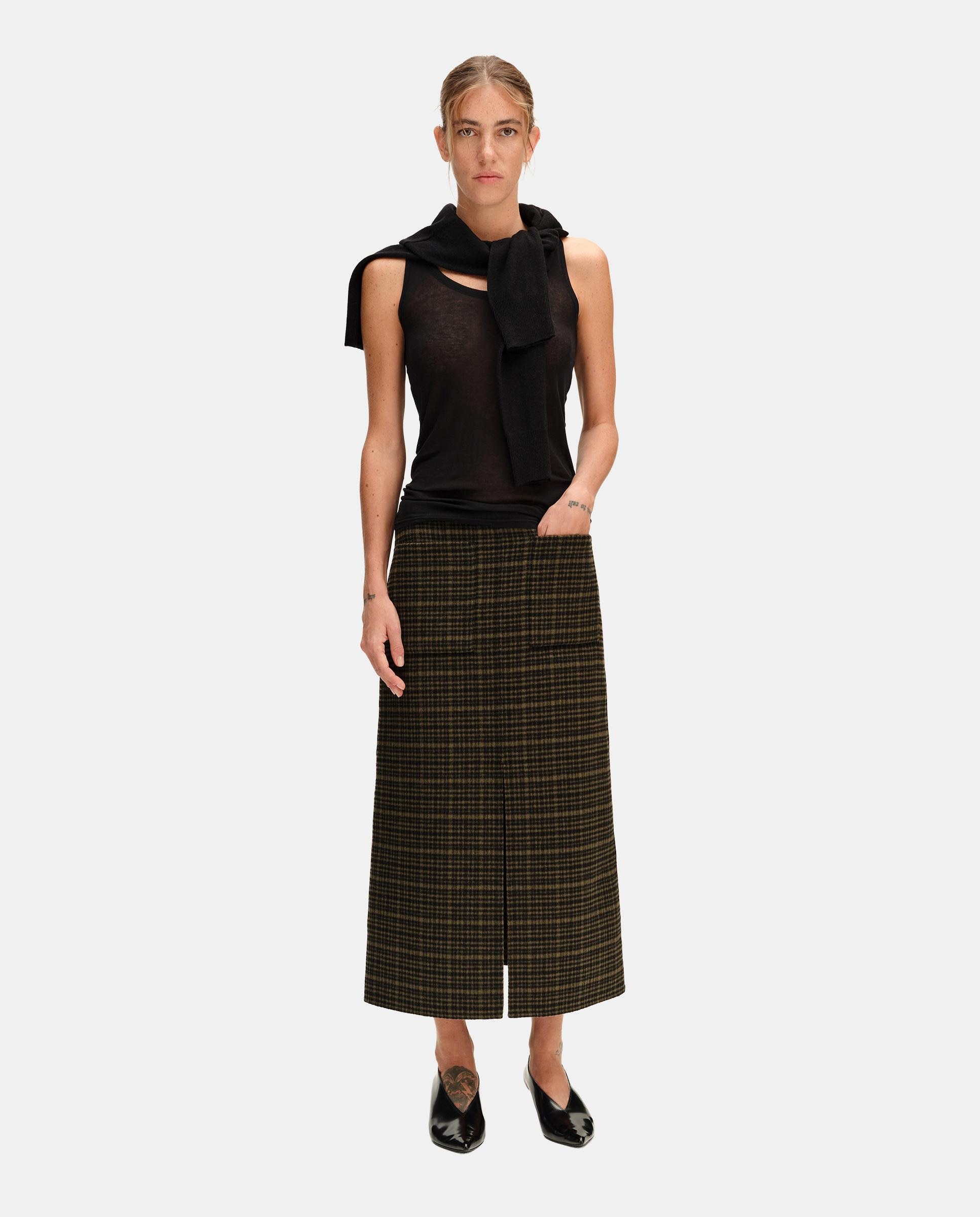 Falda midi doble faz lavada cuadros - Bimba y Lola - Kaki Kaki-1