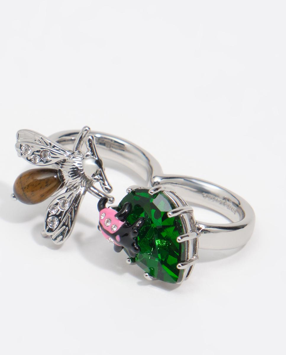 Imagen 0 de Anillo doble cristales y abeja Plateado