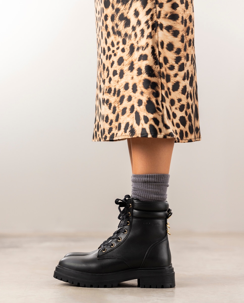 Botas militares de mujer de piel con suela gruesa tipo track - Negro Negro-2
