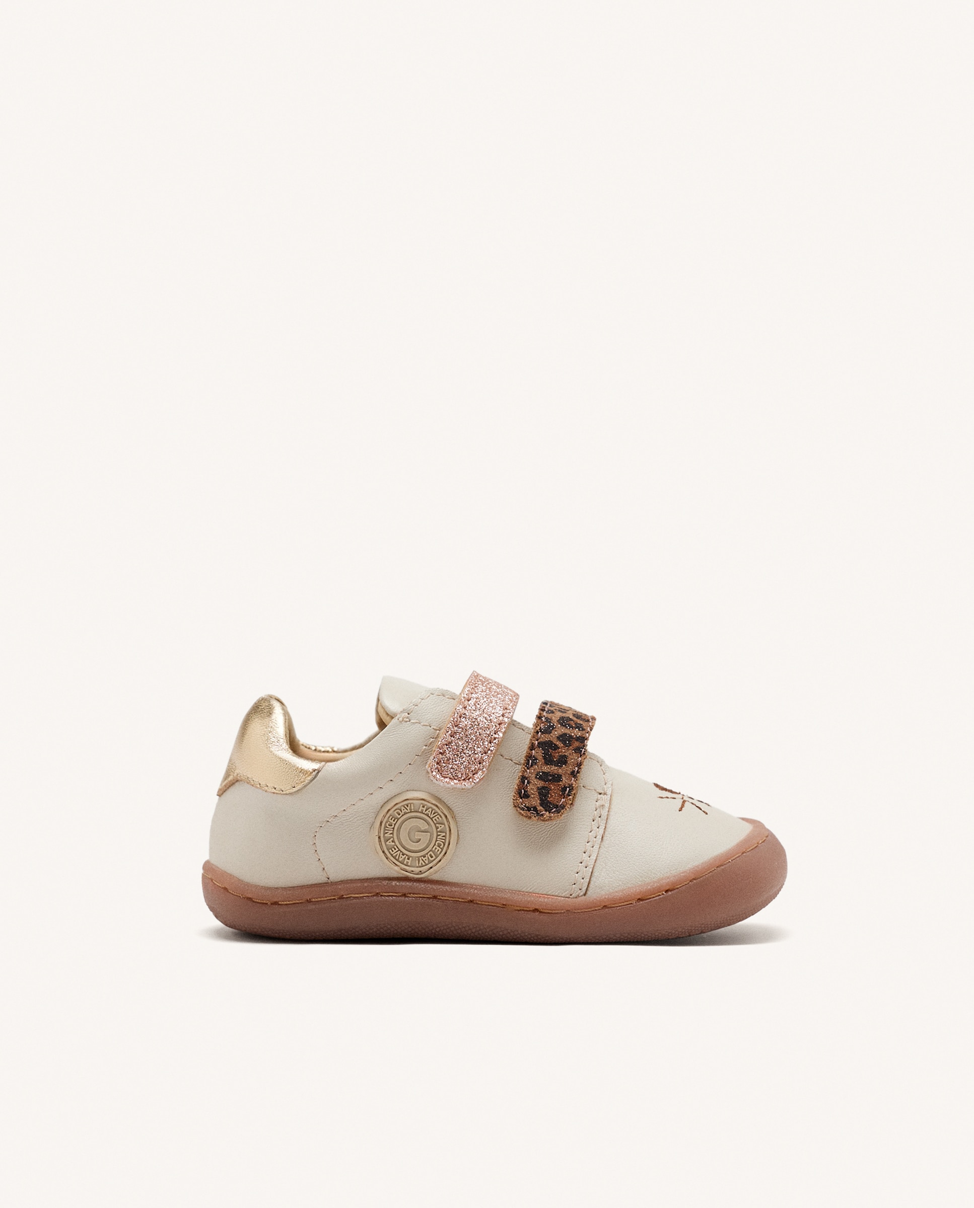 Zapatillas de piel de niña barefoot de piel con brillo y estampado animal - Gioseppo - Beige Beige-1