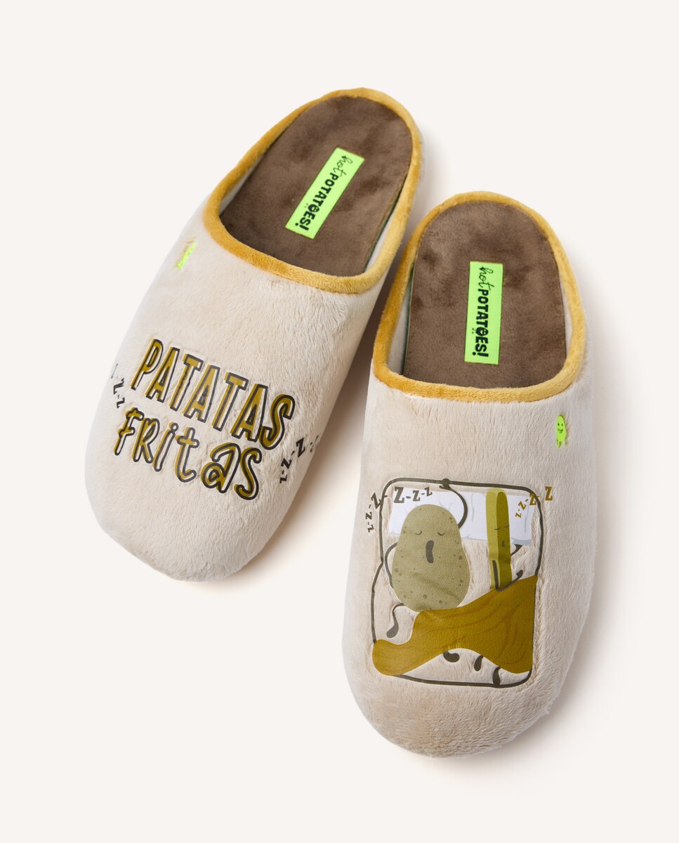 Zapatillas de casa de hombre de pelo con dibujo, frase y plantilla