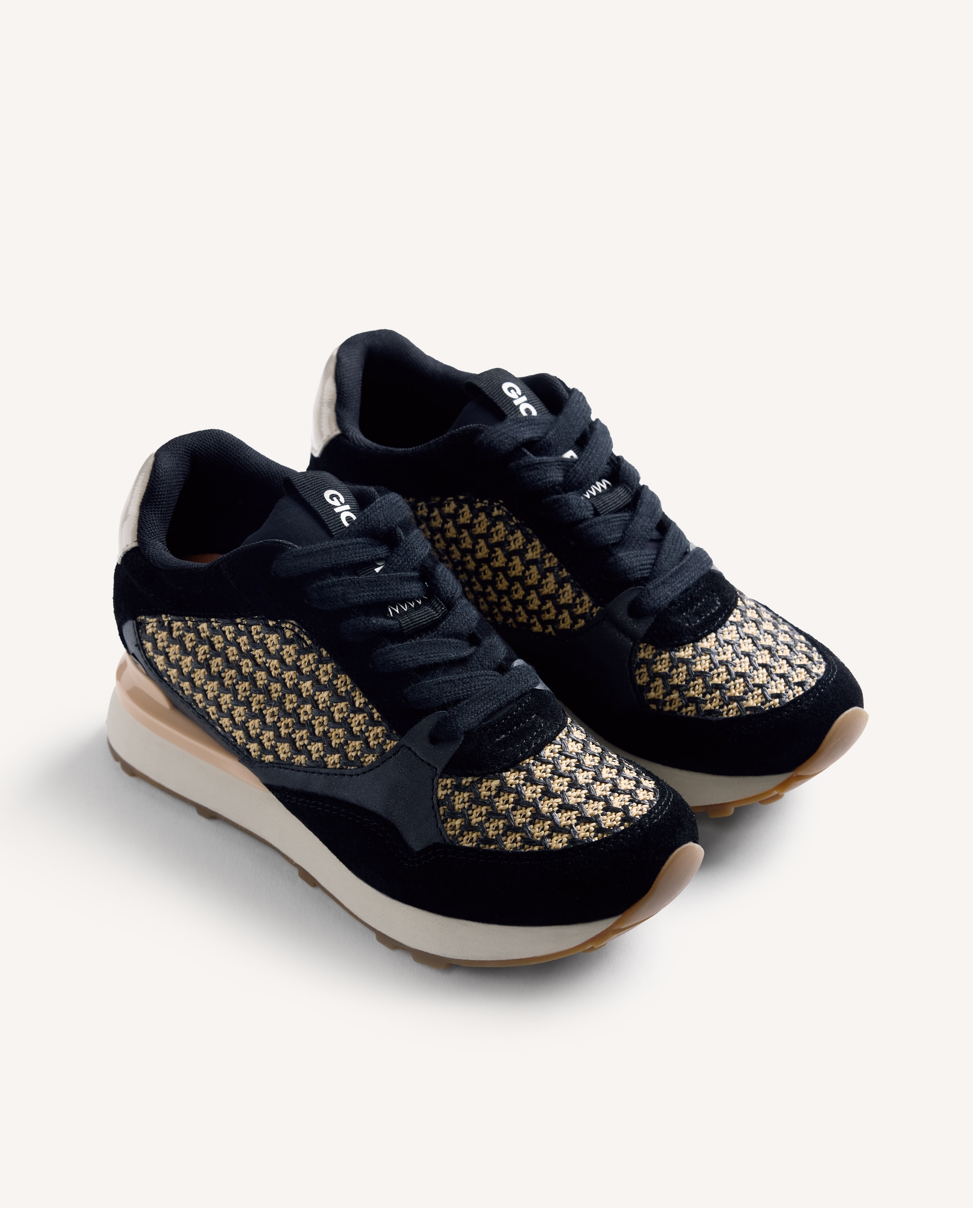 Zapatillas con cuña de mujer con piel serraje, rafia con trenzado bicolor y cuña interna - Gioseppo - Negro / Naranja Negro / Naranja-3