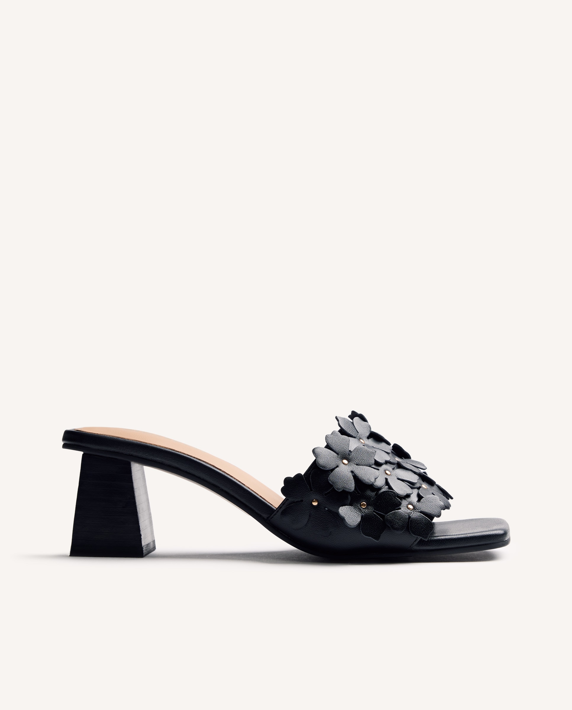 Gioseppo - Sandalias de tacón de mujer de piel tipo mules con detalle de flores.