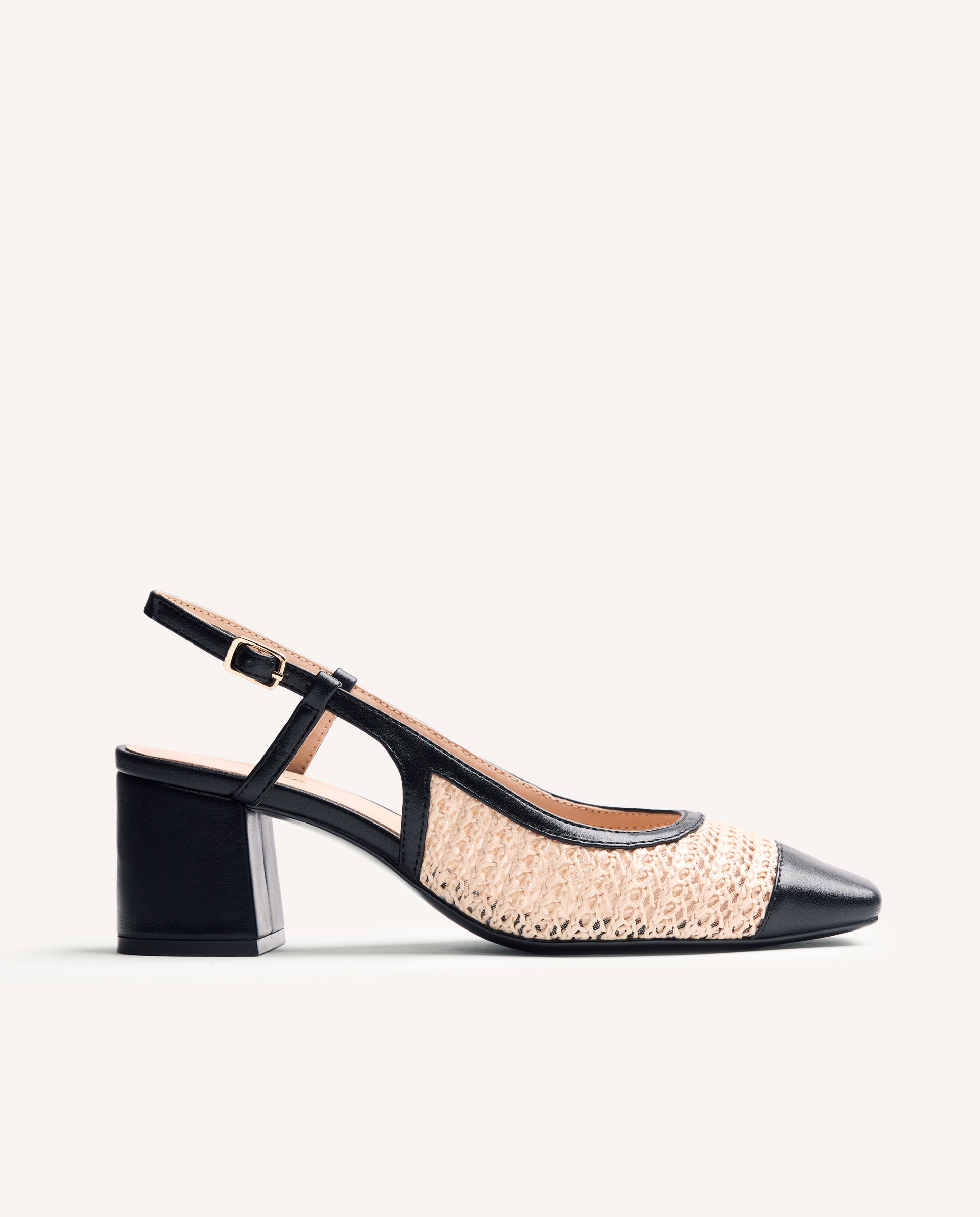 Imagen 0 de Peep toes de mujer bicolor estilo salones destalonados con rafia Negro / Natural