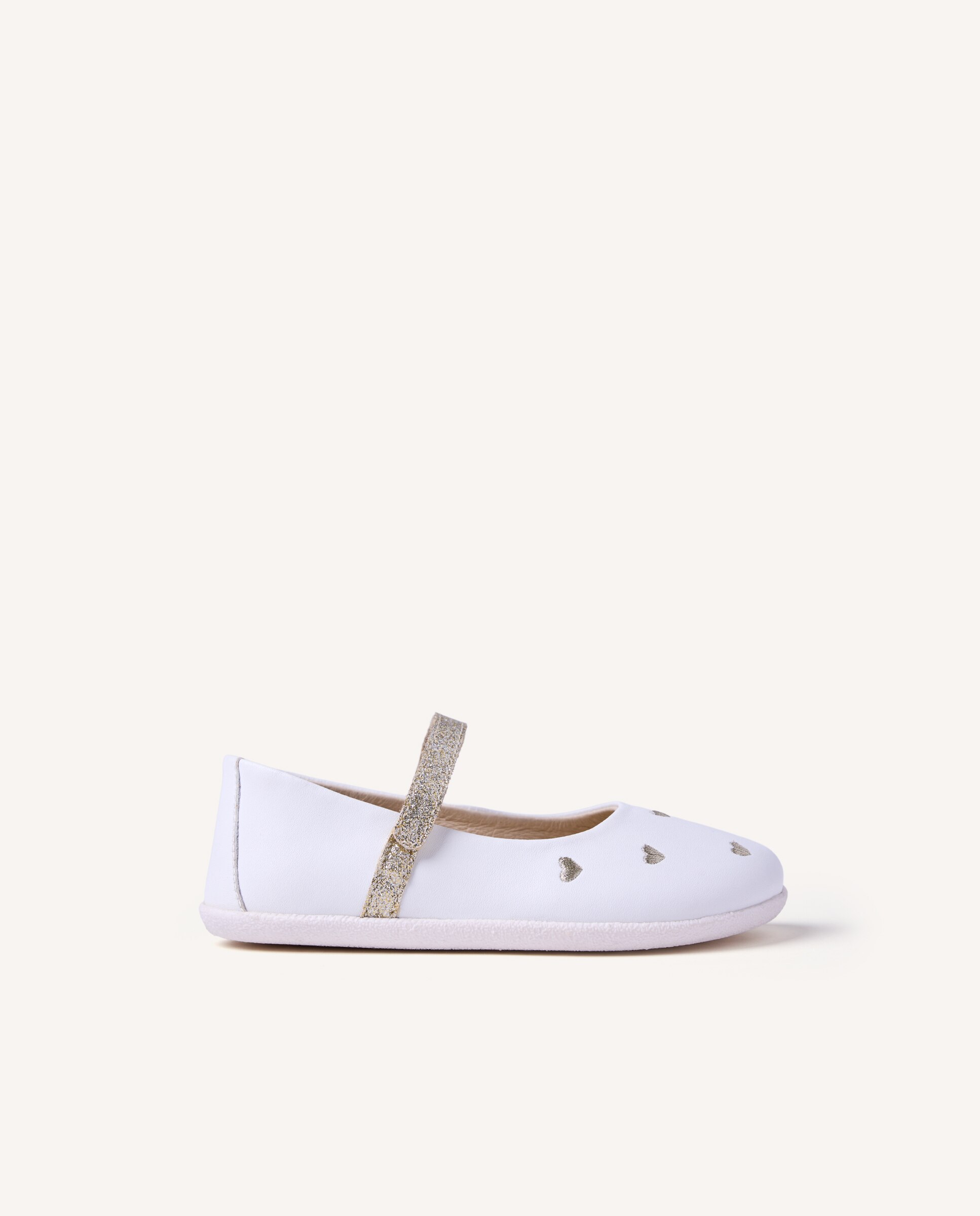 Imagen 0 de Bailarinas de bebé niña barefoot de piel con bordado de corazones en acabado dorado Blanco