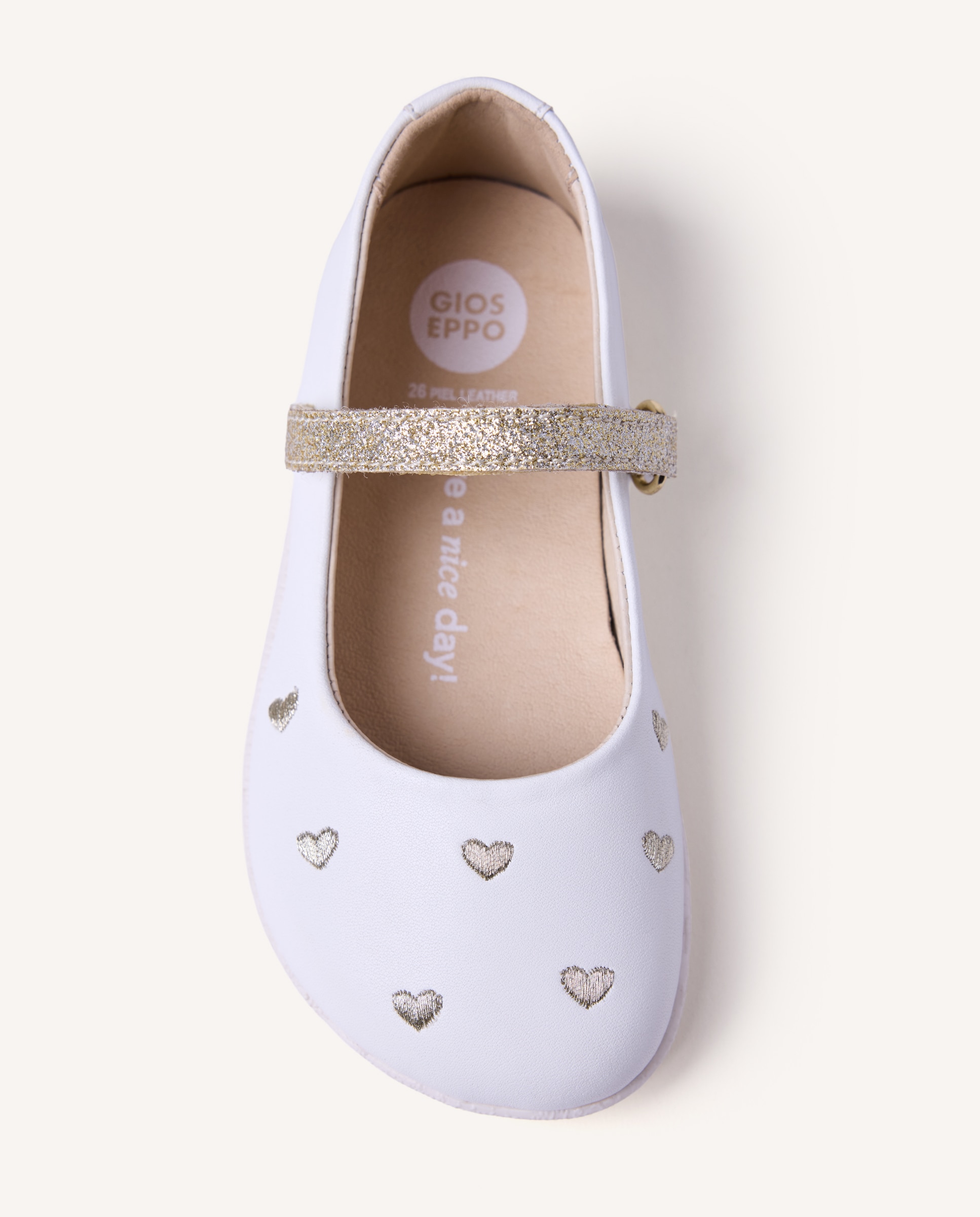 Gioseppo - Bailarinas de bebé niña barefoot de piel con bordado de corazones en acabado dorado.