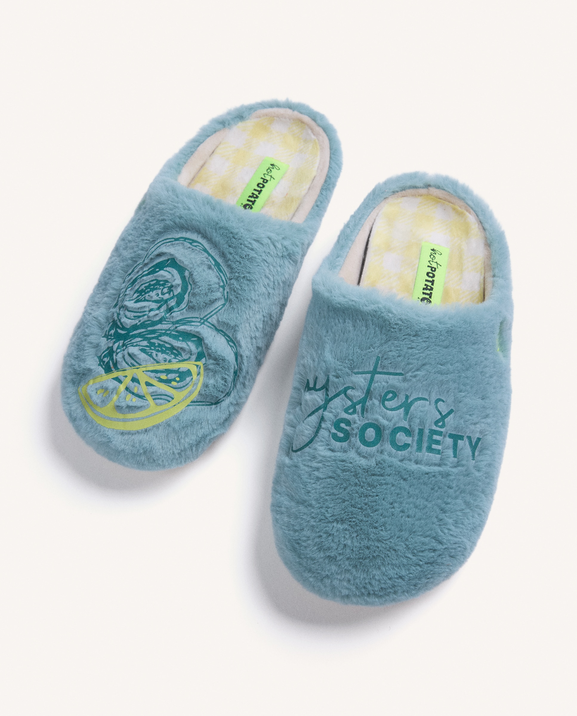 Zapatillas de casa de mujer de pelo con dibujo y texto - Hot Potatoes - Verde Verde-2