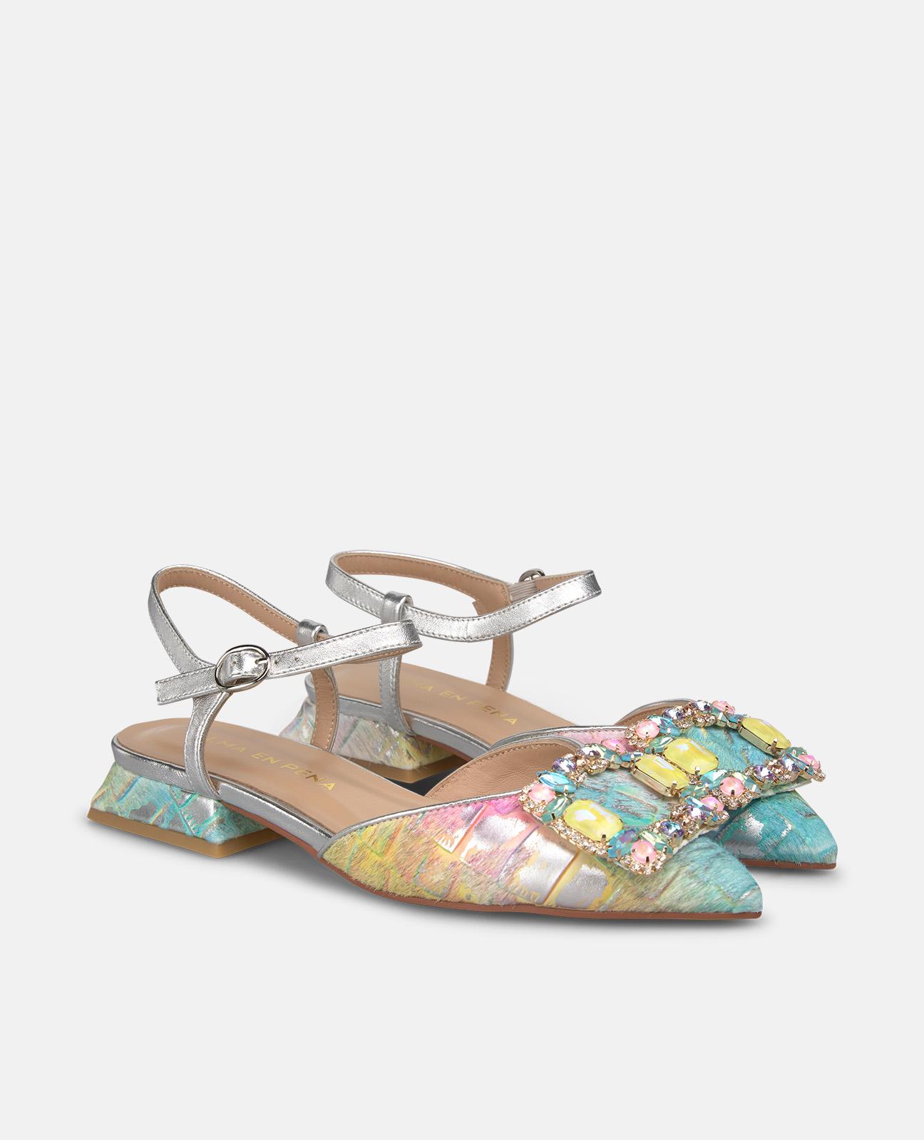 Mules planos de mujer en piel efecto fantasia con detalle joya frontal y pulsera al tobillo - Alma en Pena - Multicolor Multicolor-4