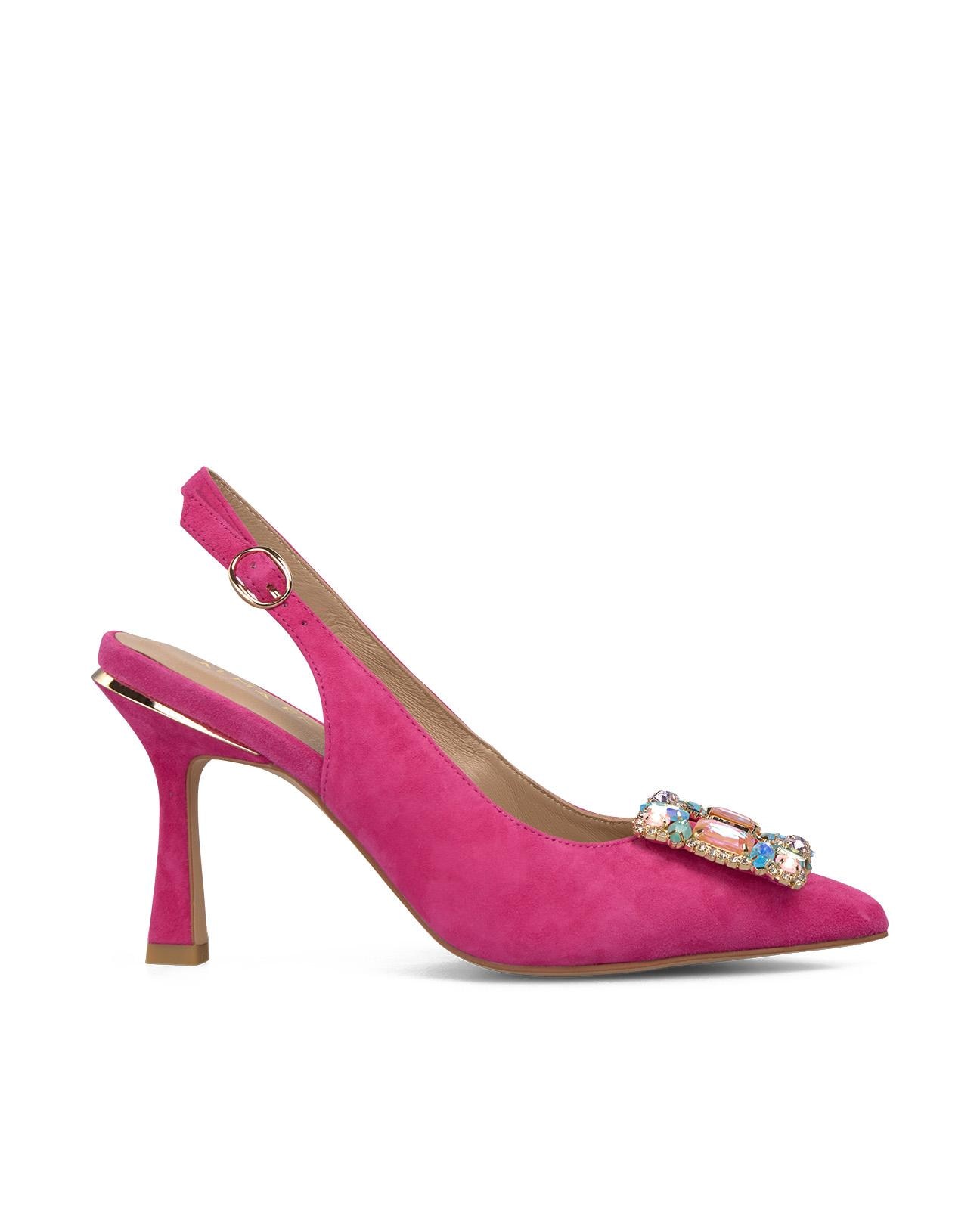 Alma en Pena - Zapatos de salón de mujer destalonados en piel con detalle joya frontal.