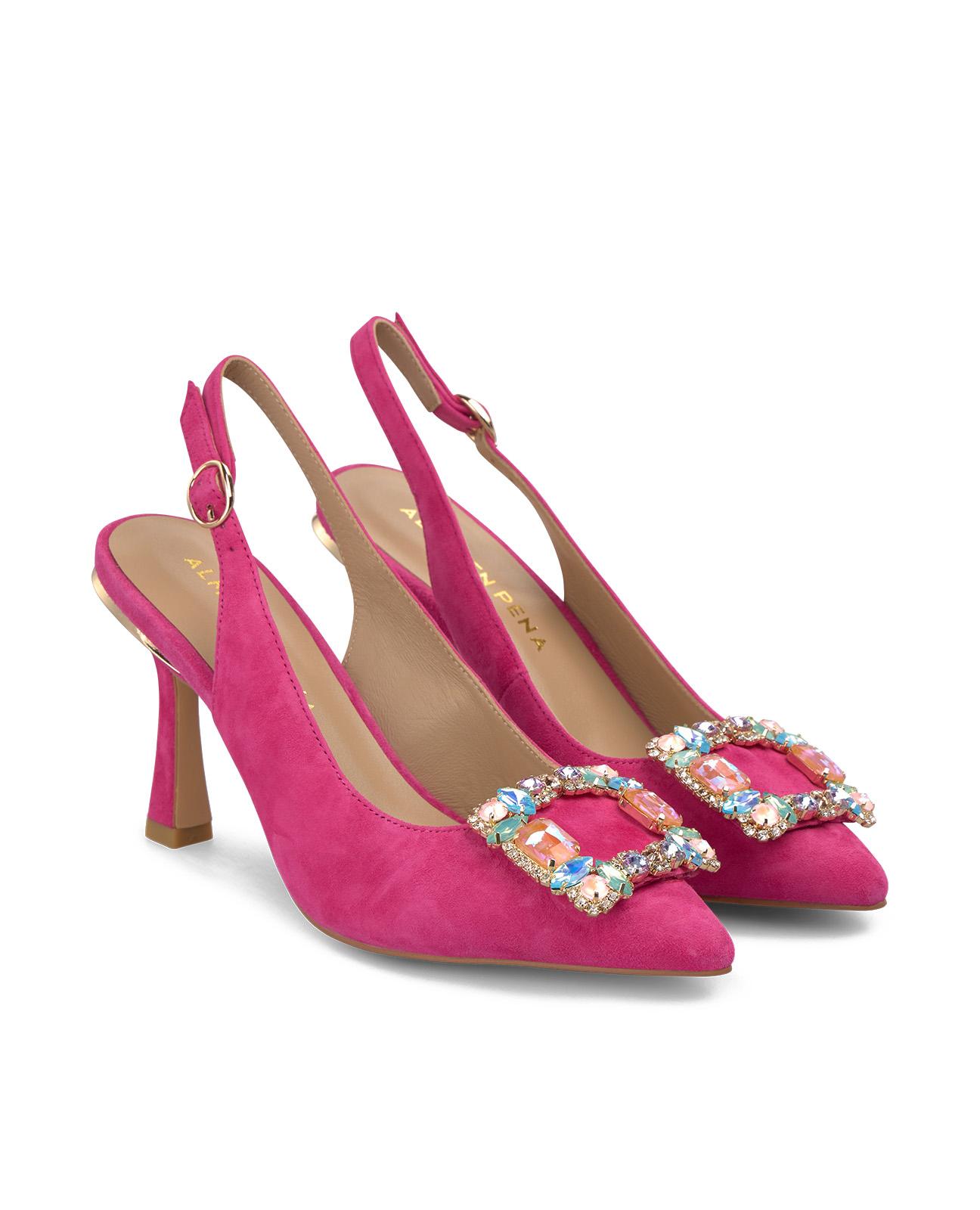 Zapatos de salón de mujer destalonados en piel con detalle joya frontal - Alma en Pena - Fucsia Fucsia-4