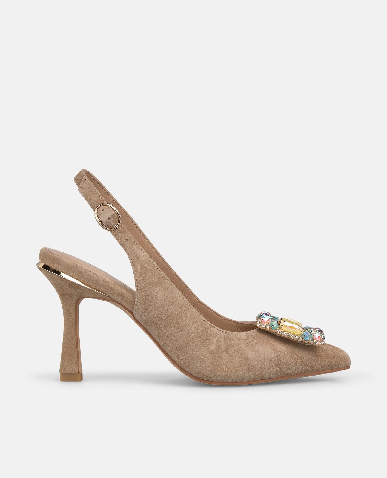 Zapatos de salón de mujer destalonados en piel con detalle joya frontal - Alma en Pena - Arena Arena-1