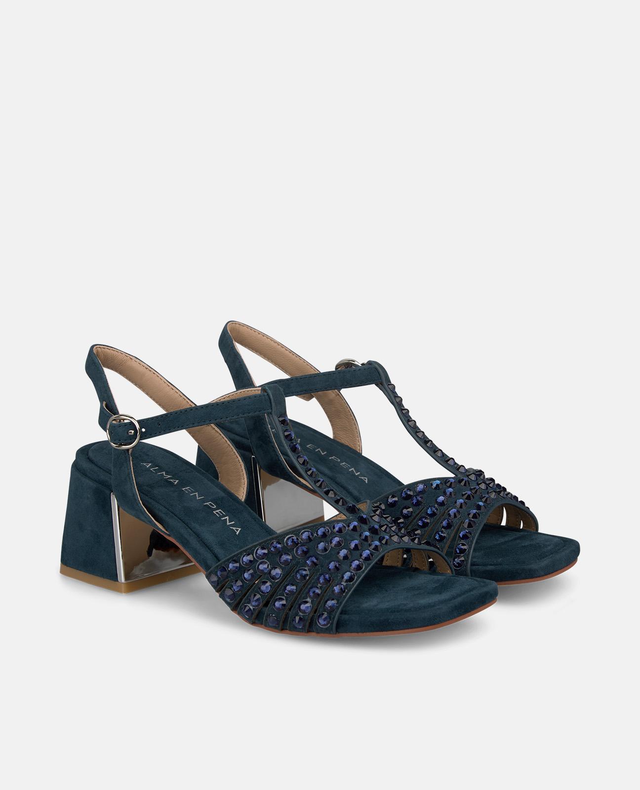 Sandalias de tacón de mujer en piel con detalle transfer en la parte frontal y detalle metálico - Azul marino Azul marino-4