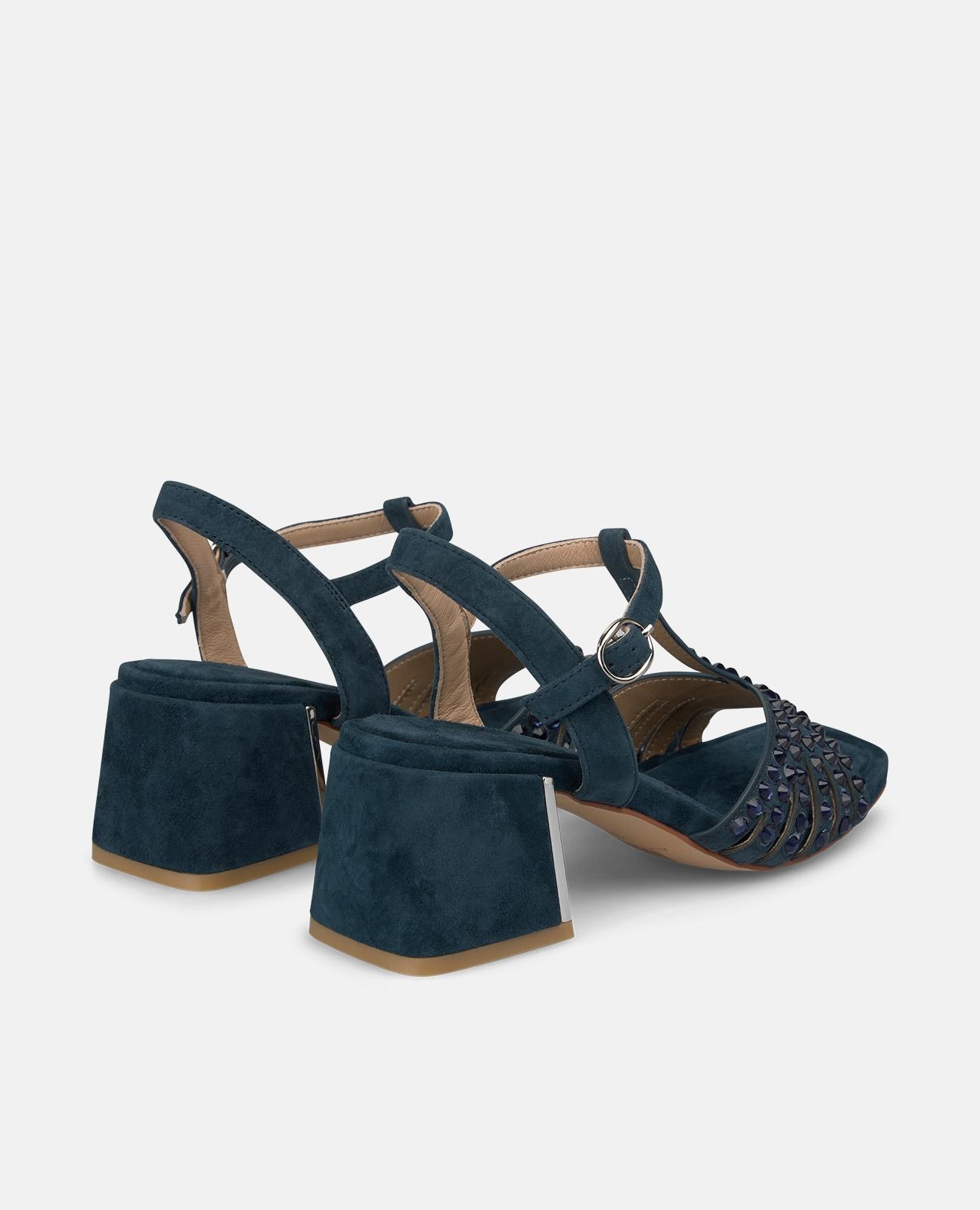 Sandalias de tacón de mujer en piel con detalle transfer en la parte frontal y detalle metálico - Azul marino Azul marino-3