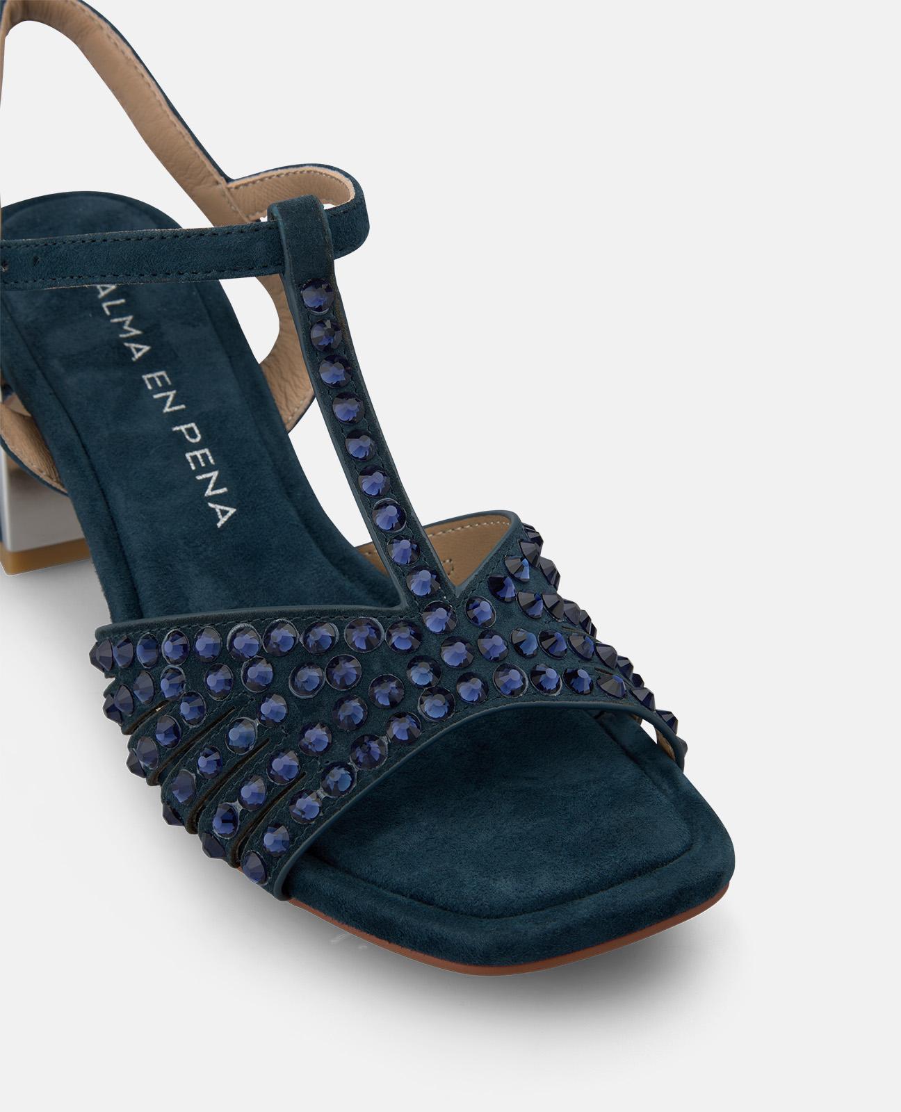 Sandalias de tacón de mujer en piel con detalle transfer en la parte frontal y detalle metálico - Azul marino Azul marino-5