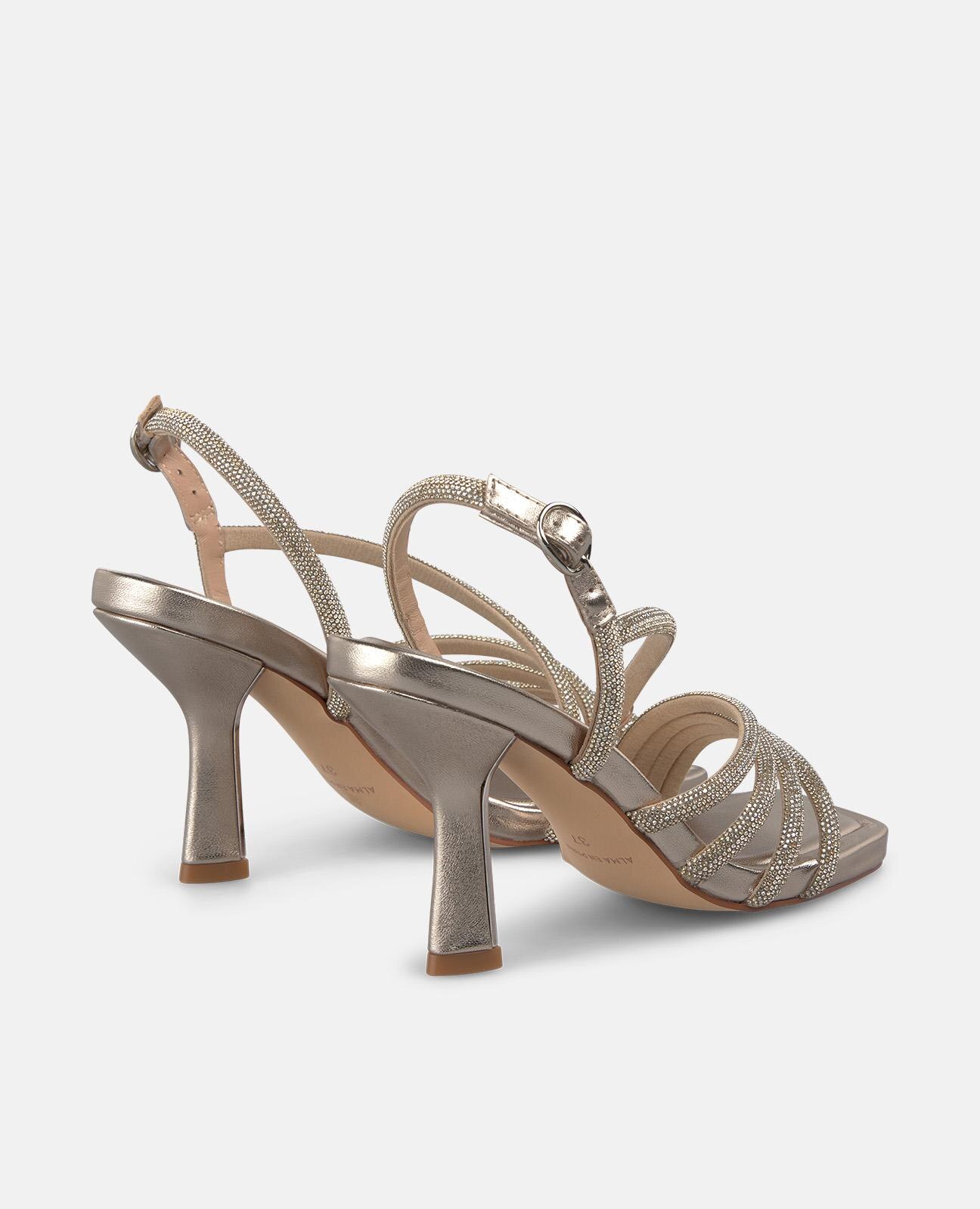 Sandalias de tacón de mujer en piel con tiras tubulares metalizadas - Alma en Pena - Oro Oro-3