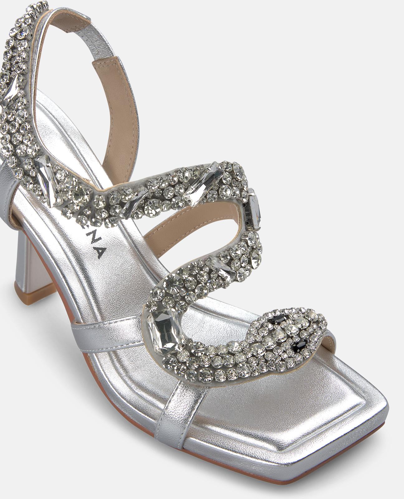 Sandalias de tacón de mujer en piel efecto metalizado con tira de serpiente con detalle pedreria - Alma en Pena - Plata Plata-5
