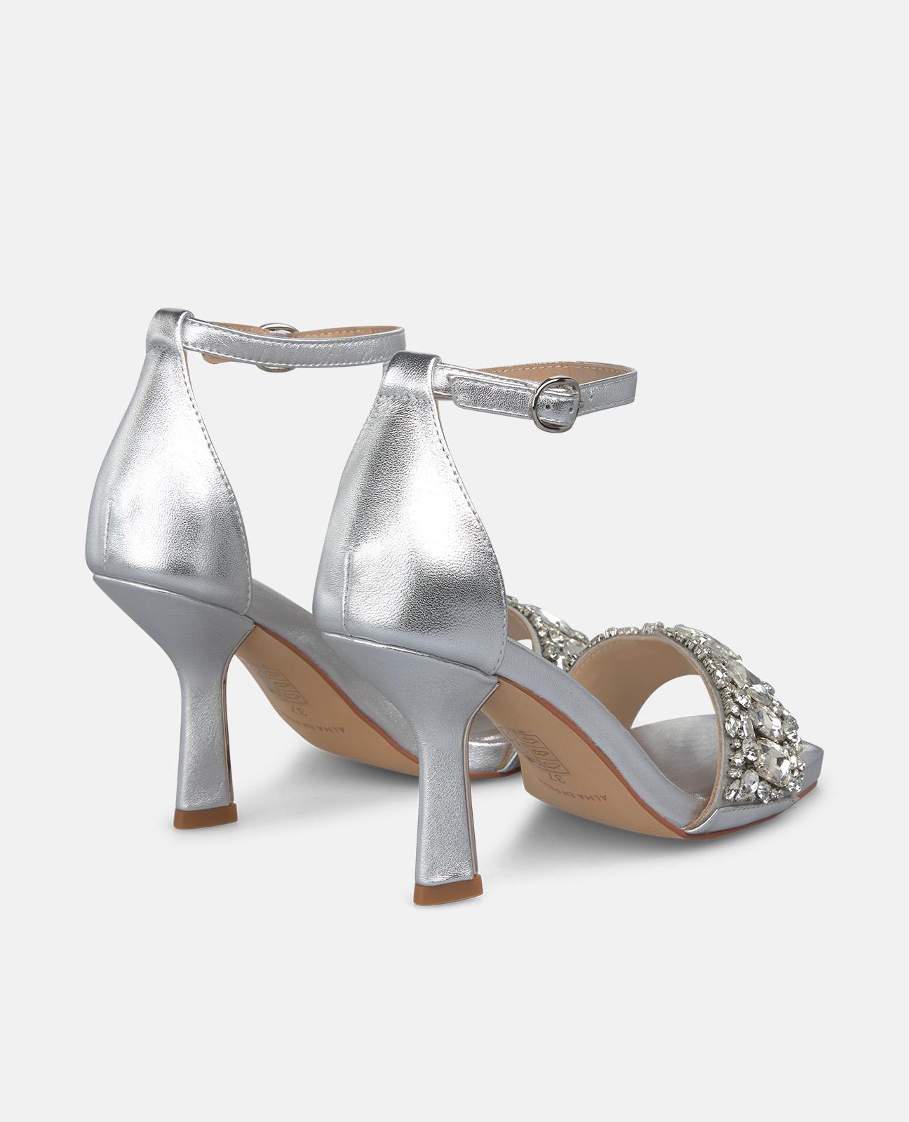 Sandalias de tacón de mujer en piel efecto metalizado con detalles de pedreria - Alma en Pena - Plata metalizada Plata metalizada-2