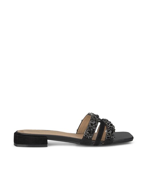 Sandalias planas de mujer Muli con pedrería en negro