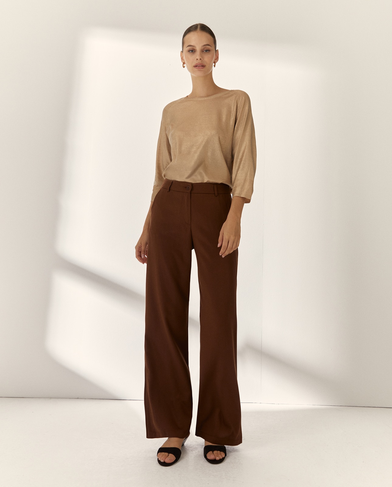 Pantalones anchos de mujer tiro alto - Paz Torras - Marrón oscuro Marrón oscuro-1