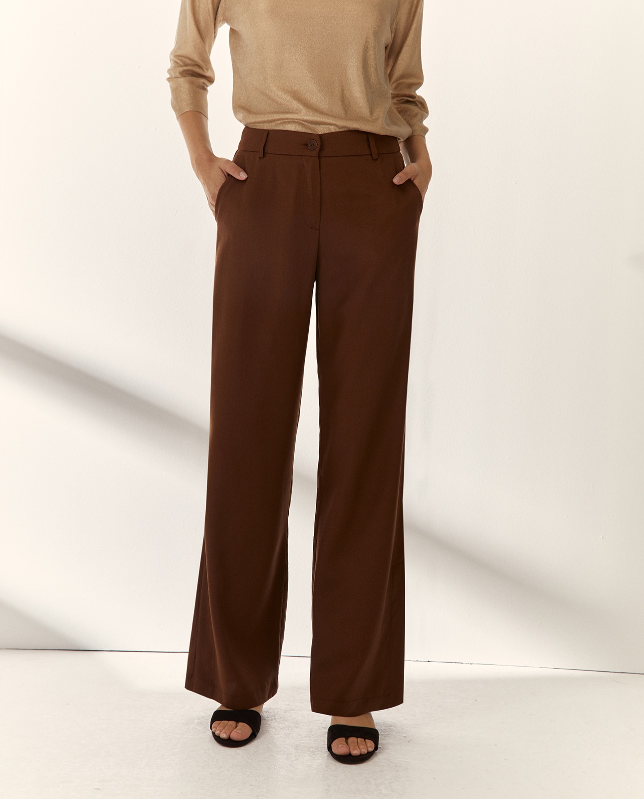 Pantalones anchos de mujer tiro alto - Paz Torras - Marrón oscuro Marrón oscuro-2