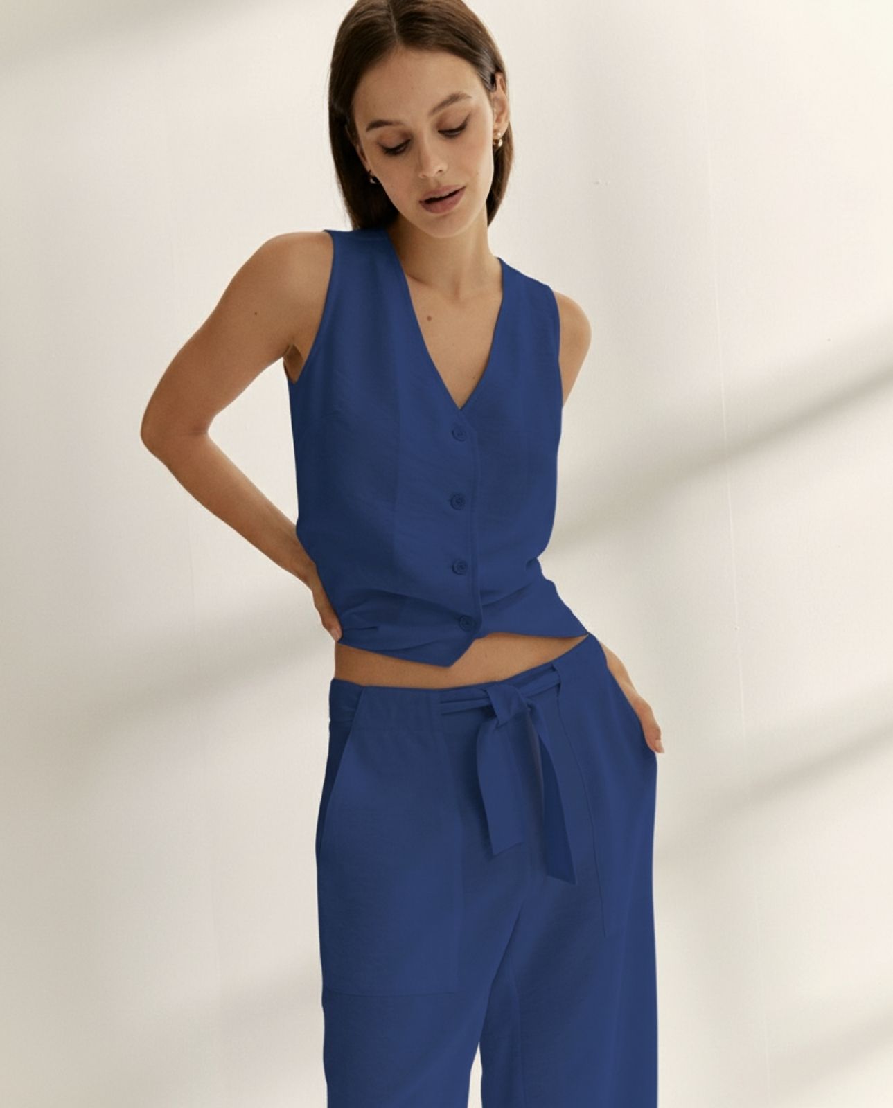 Pantalones anchos de mujer liso - Paz Torras - Azulón Azulón-4