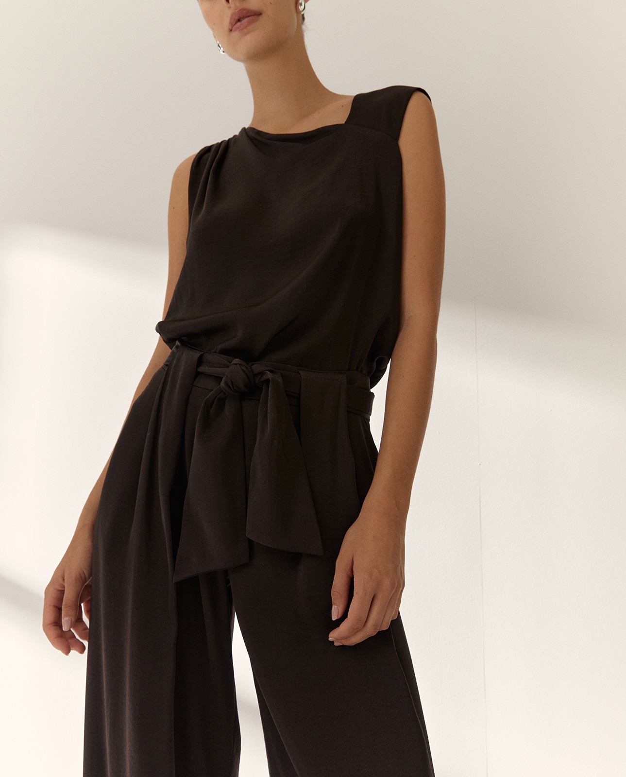 Pantalones anchos de mujer liso - Paz Torras - Marrón oscuro Marrón oscuro-4