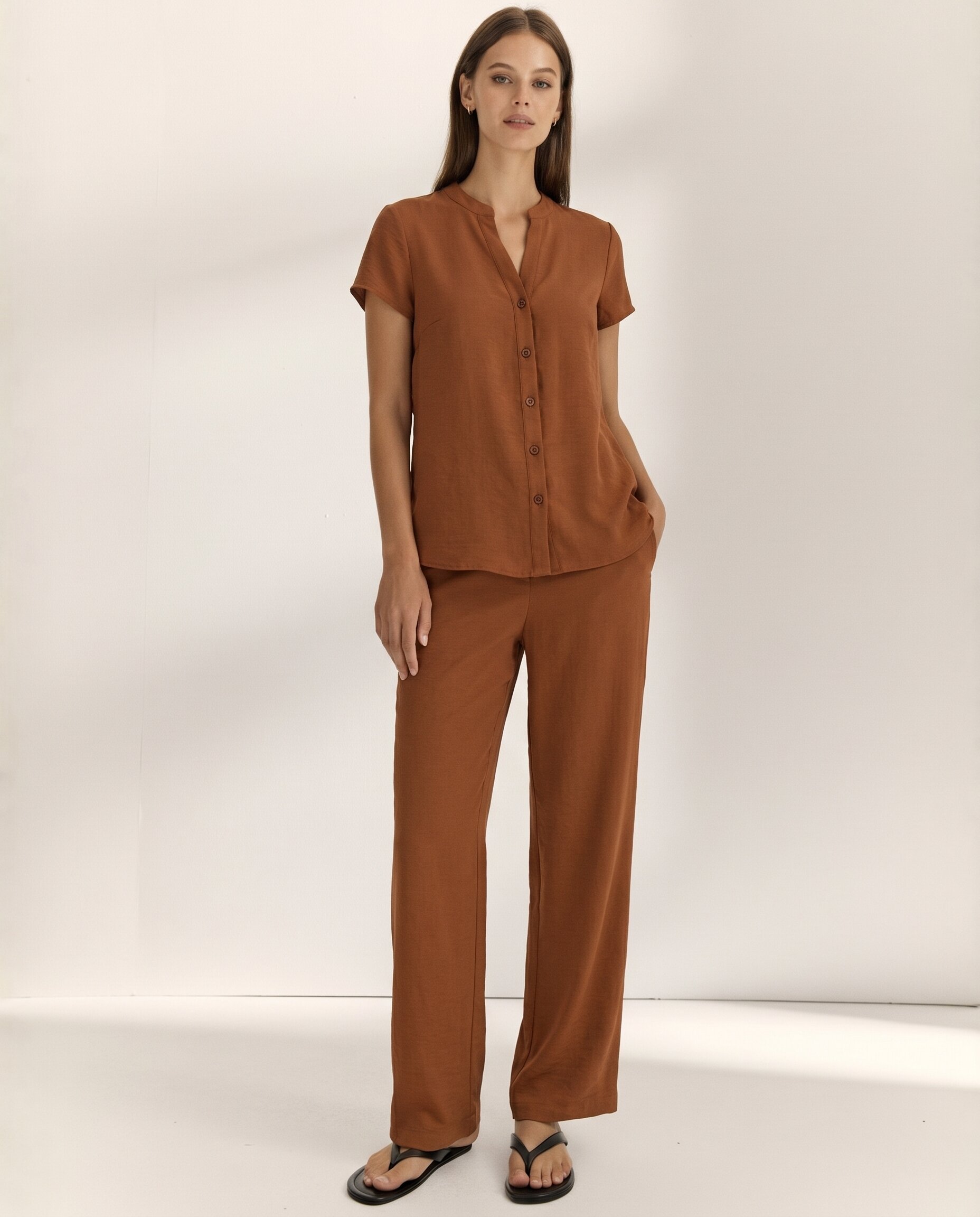 Camisa de mujer cuello mao manga corta - Paz Torras - Marrón Marrón-1