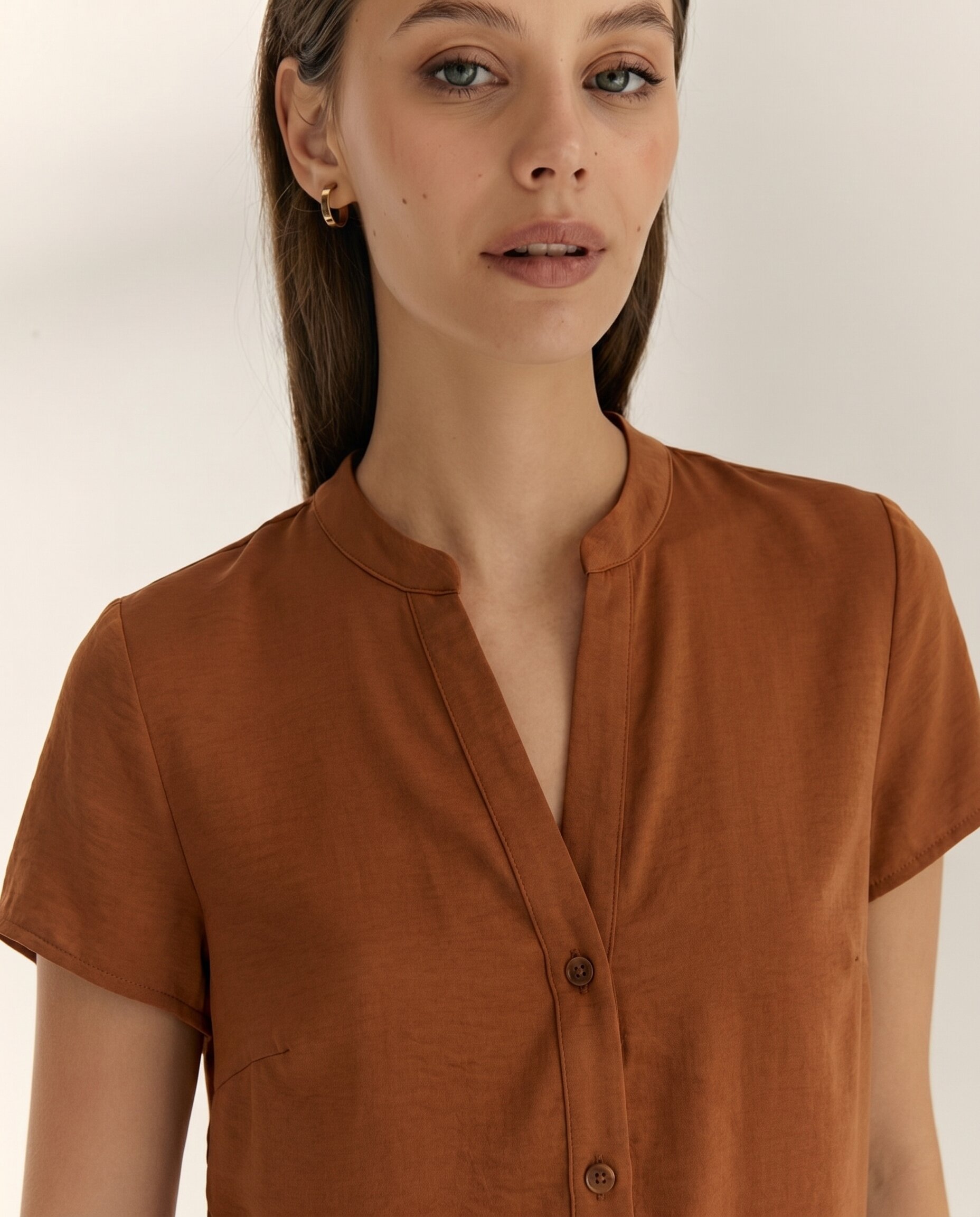 Camisa de mujer cuello mao manga corta - Paz Torras - Marrón Marrón-4