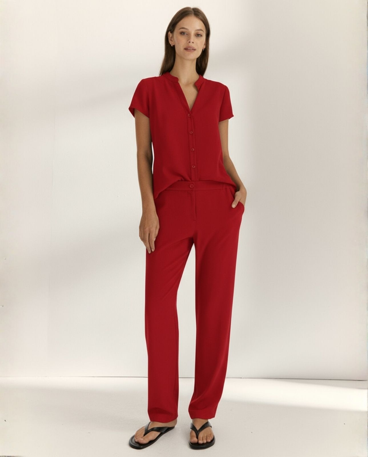Camisa de mujer cuello mao manga corta - Paz Torras - Rojo Rojo-1