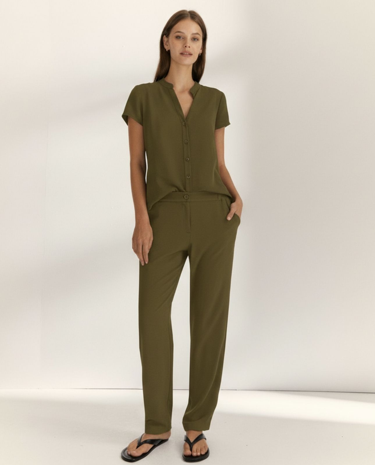 Camisa de mujer cuello mao manga corta - Paz Torras - Kaki Kaki-1