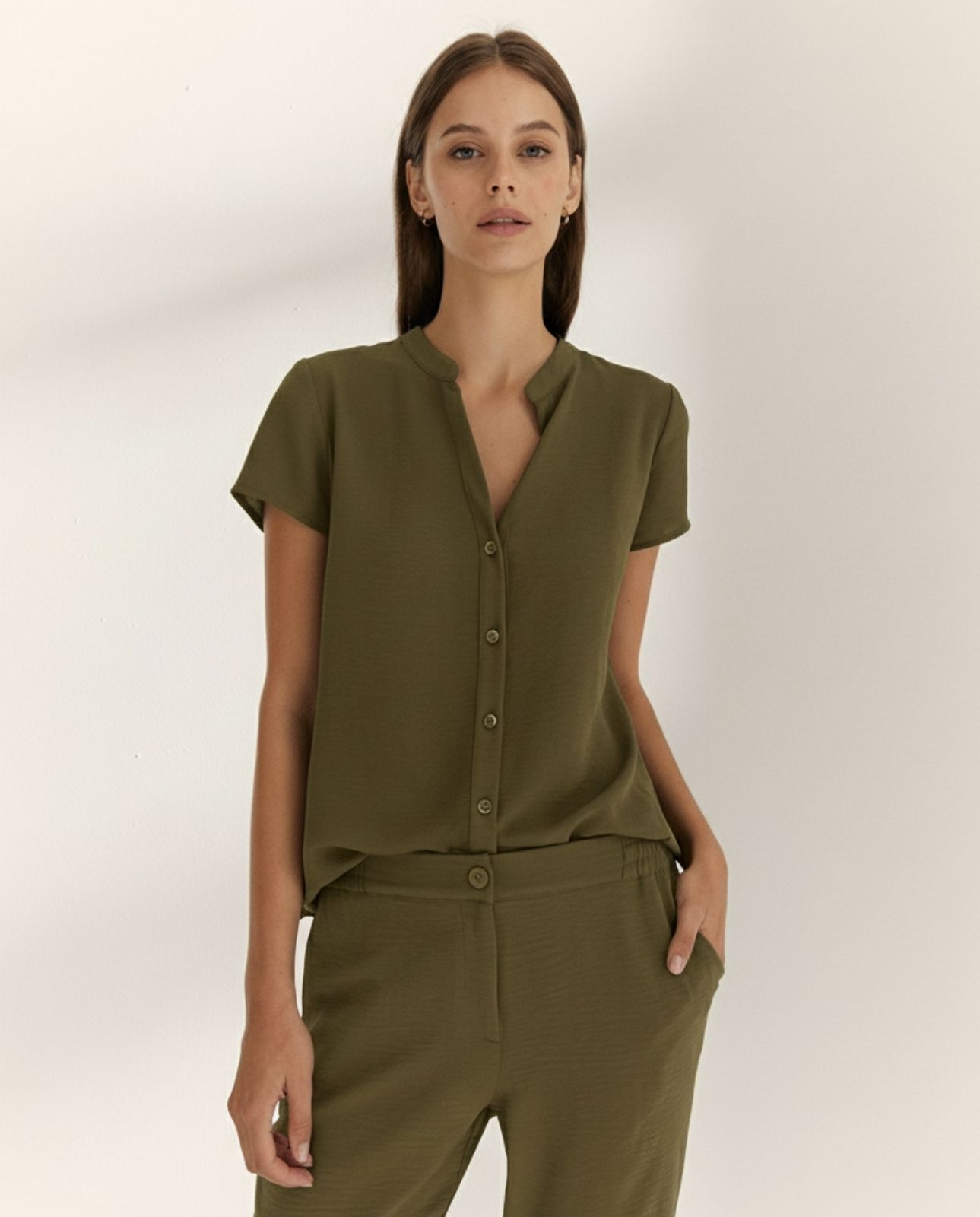 Camisa de mujer cuello mao manga corta - Paz Torras - Kaki Kaki-2