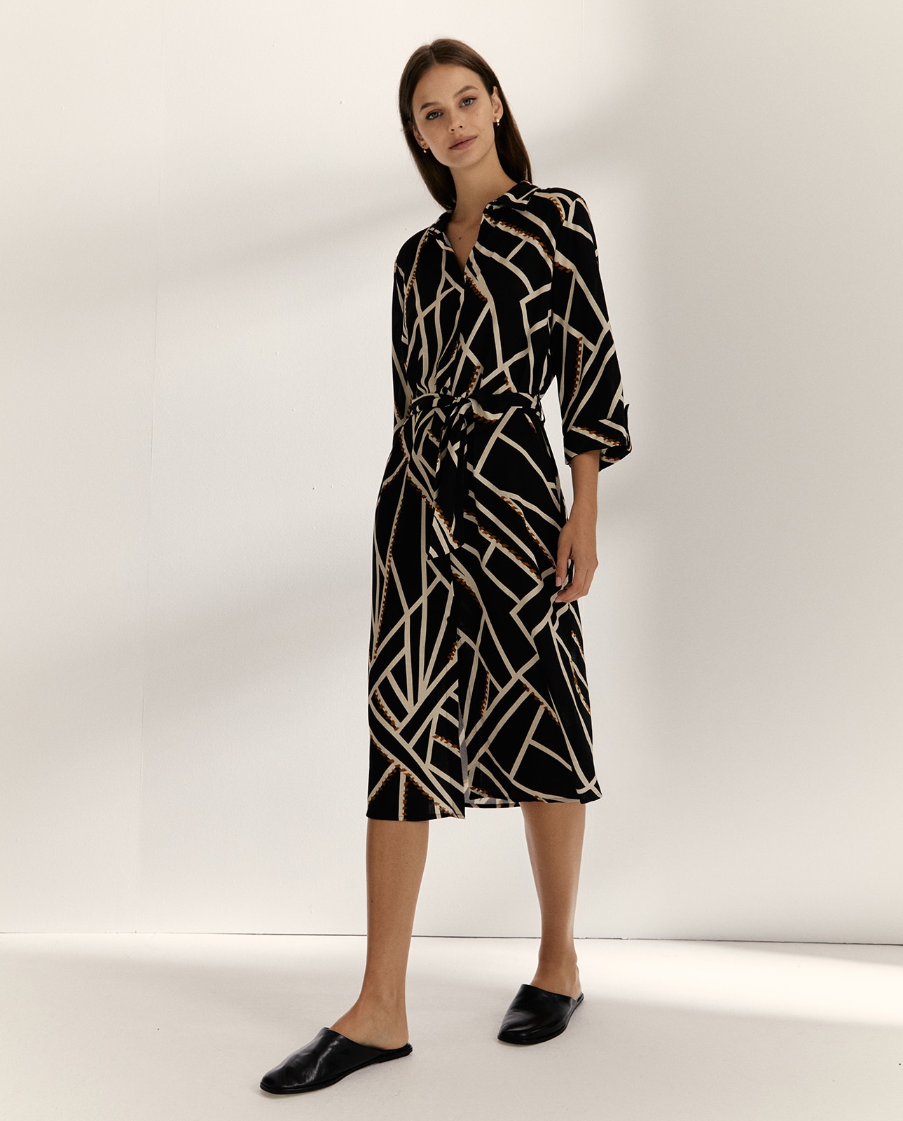 Vestido midi camisero estampado manga francesa - Paz Torras - Negro Negro-1